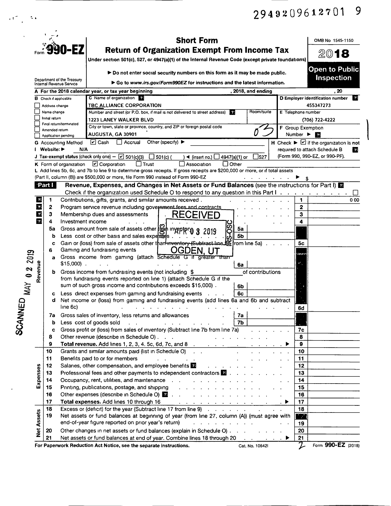 Image of first page of 2018 Form 990EZ for TBC Alliance Corporation