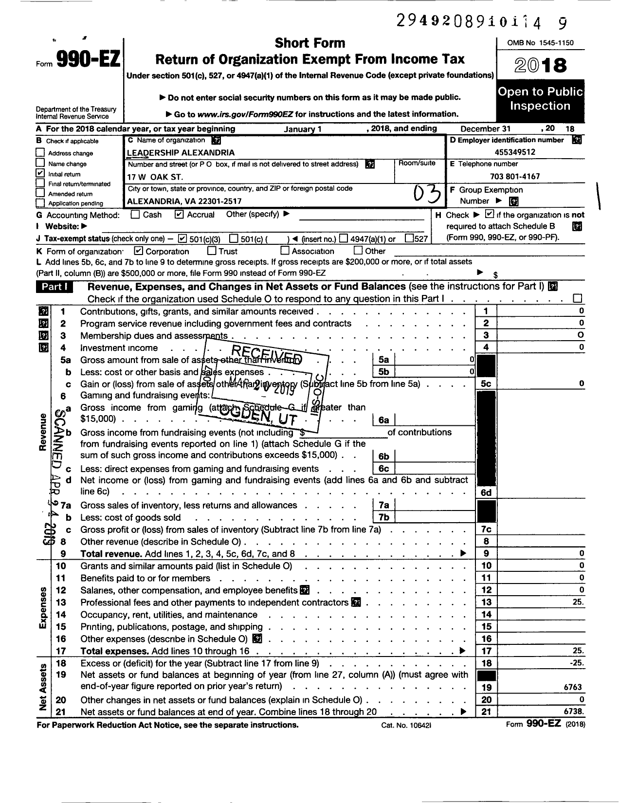 Image of first page of 2018 Form 990EZ for Leadership Alexandria Alumni Association