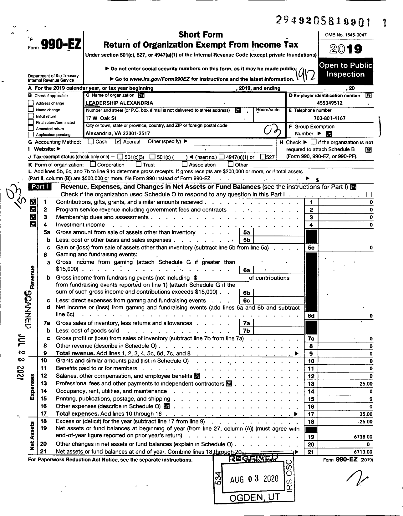 Image of first page of 2019 Form 990EZ for Leadership Alexandria Alumni Association