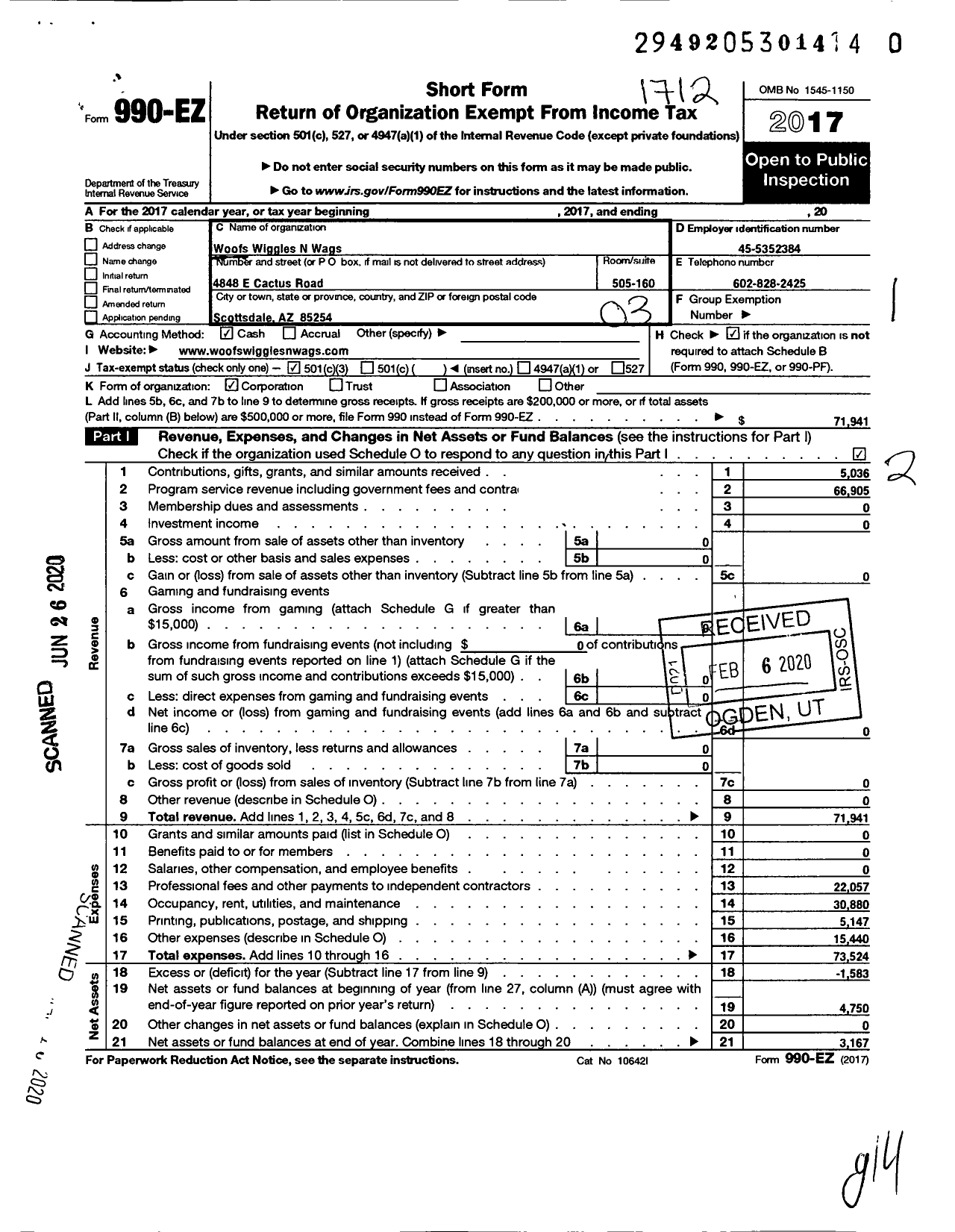 Image of first page of 2017 Form 990EZ for Woofs Wiggles N Wags Animal Rescue