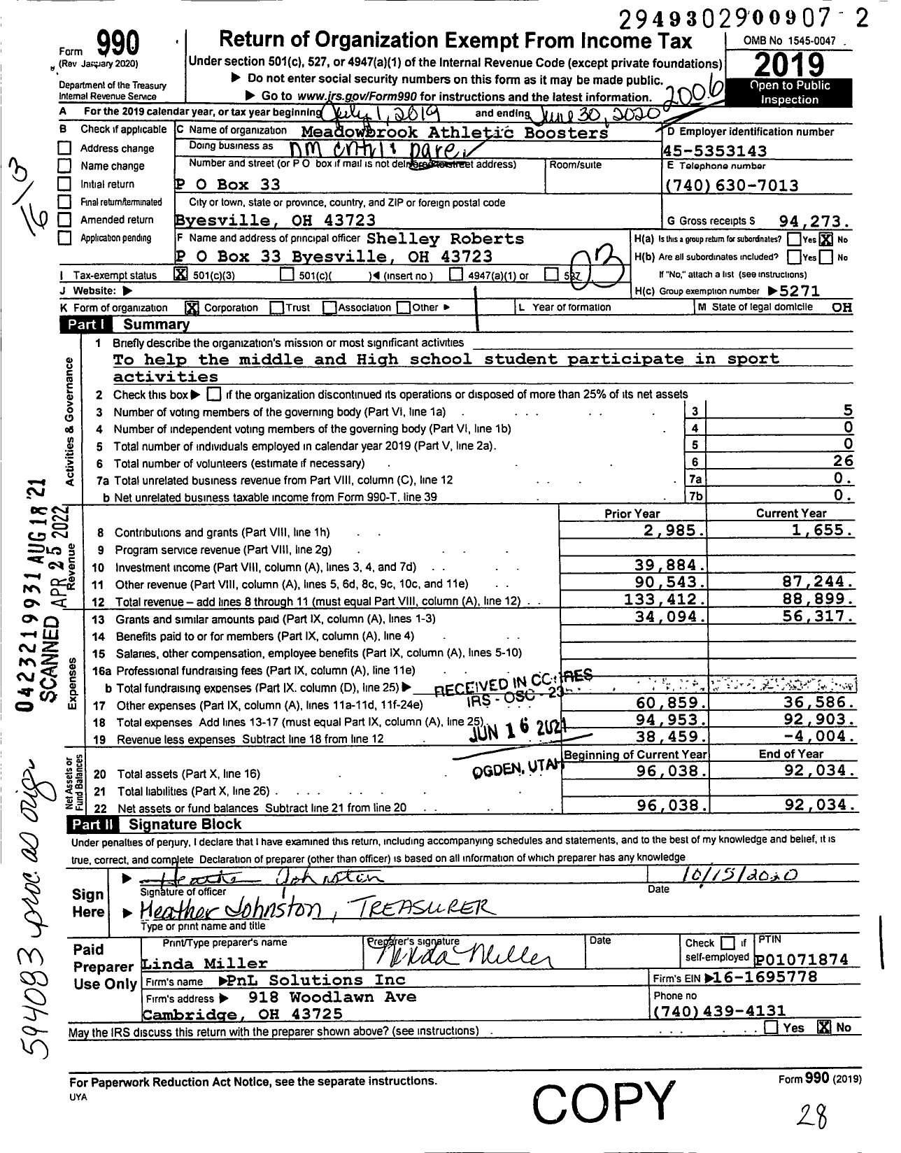 Image of first page of 2019 Form 990 for Parent Booster USA / Meadowbrook Athletic Boosters Inc