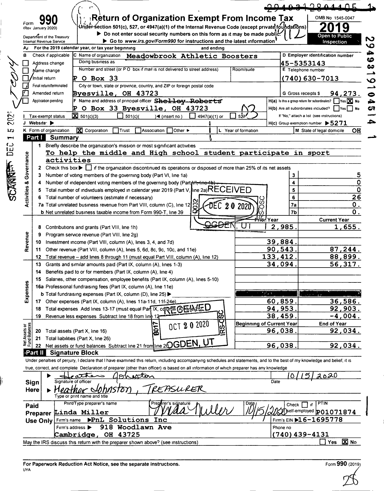 Image of first page of 2019 Form 990 for Parent Booster USA / Meadowbrook Athletic Boosters Inc