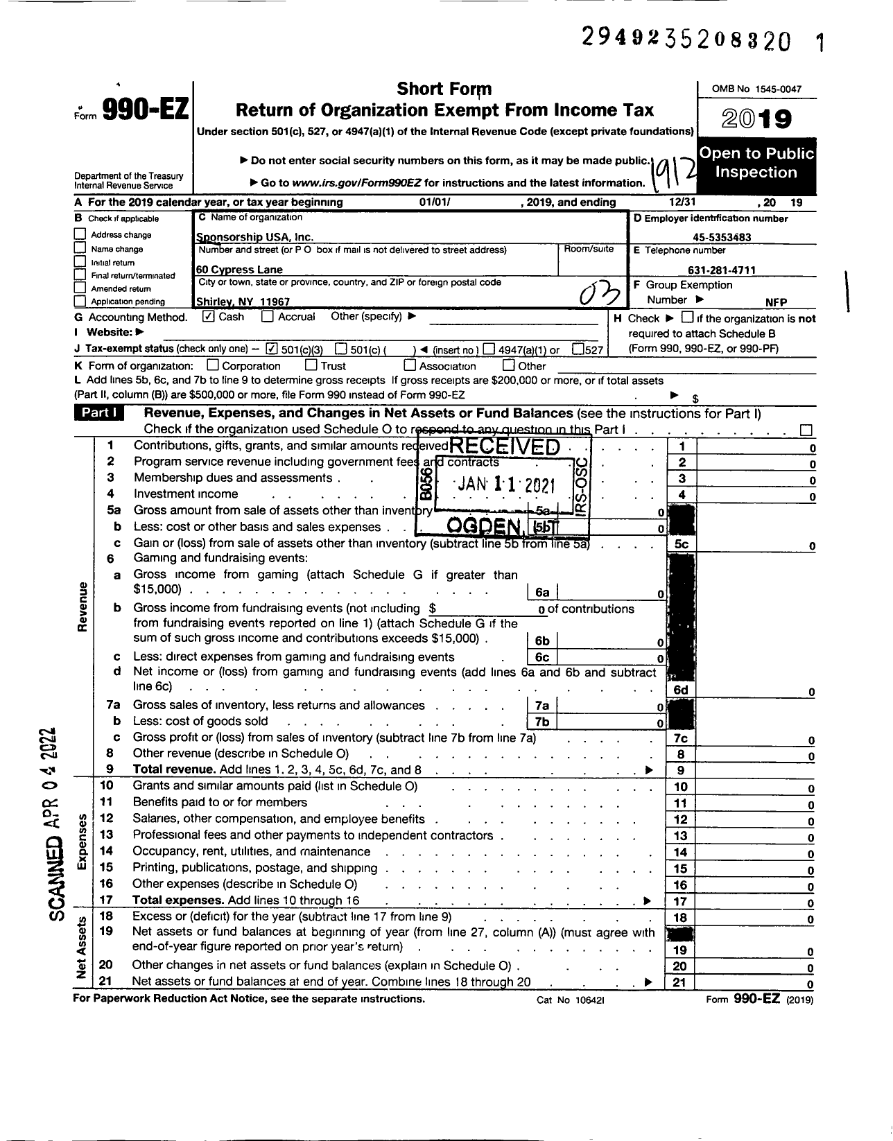 Image of first page of 2019 Form 990EZ for Sponsorship USA