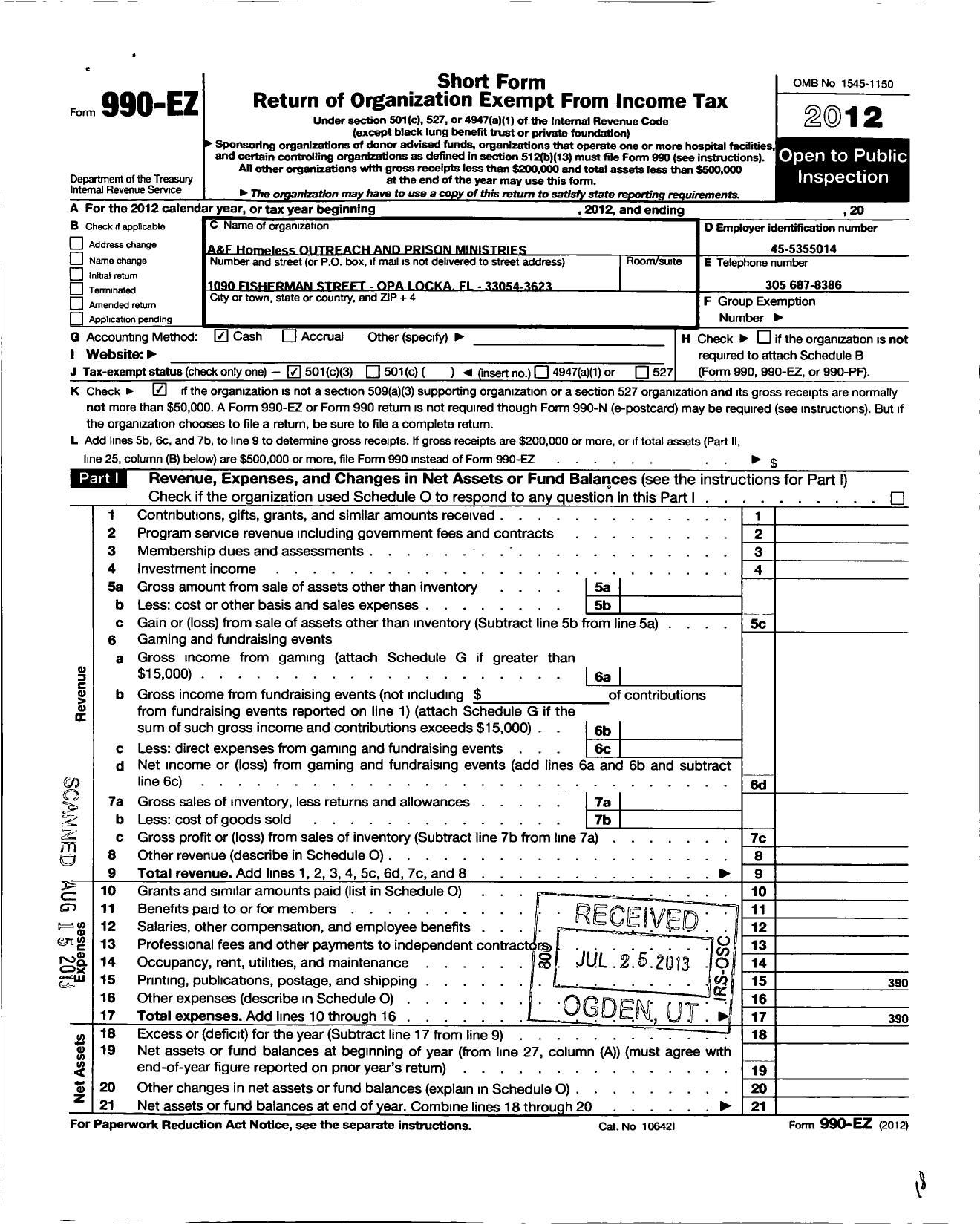 Image of first page of 2012 Form 990EZ for A and F Homeless Outreach and Prison