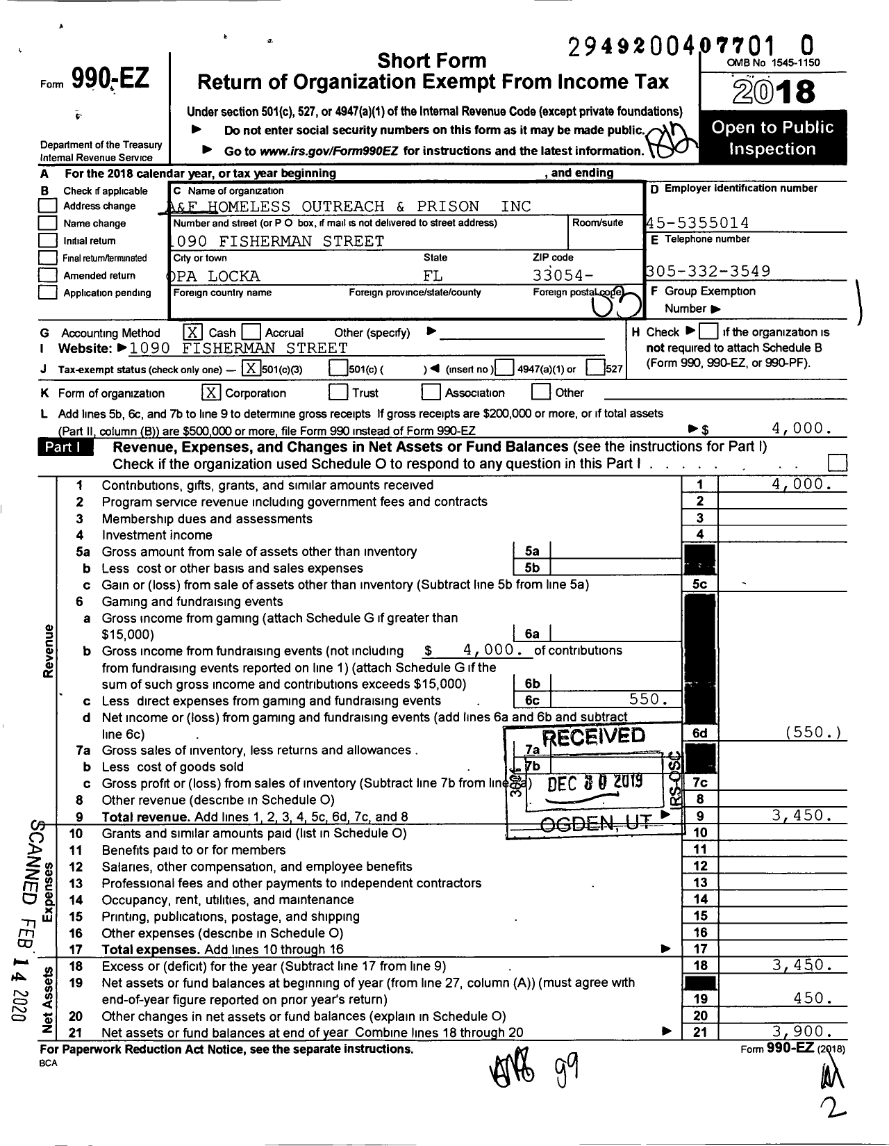 Image of first page of 2018 Form 990EZ for A and F Homeless Outreach and Prison