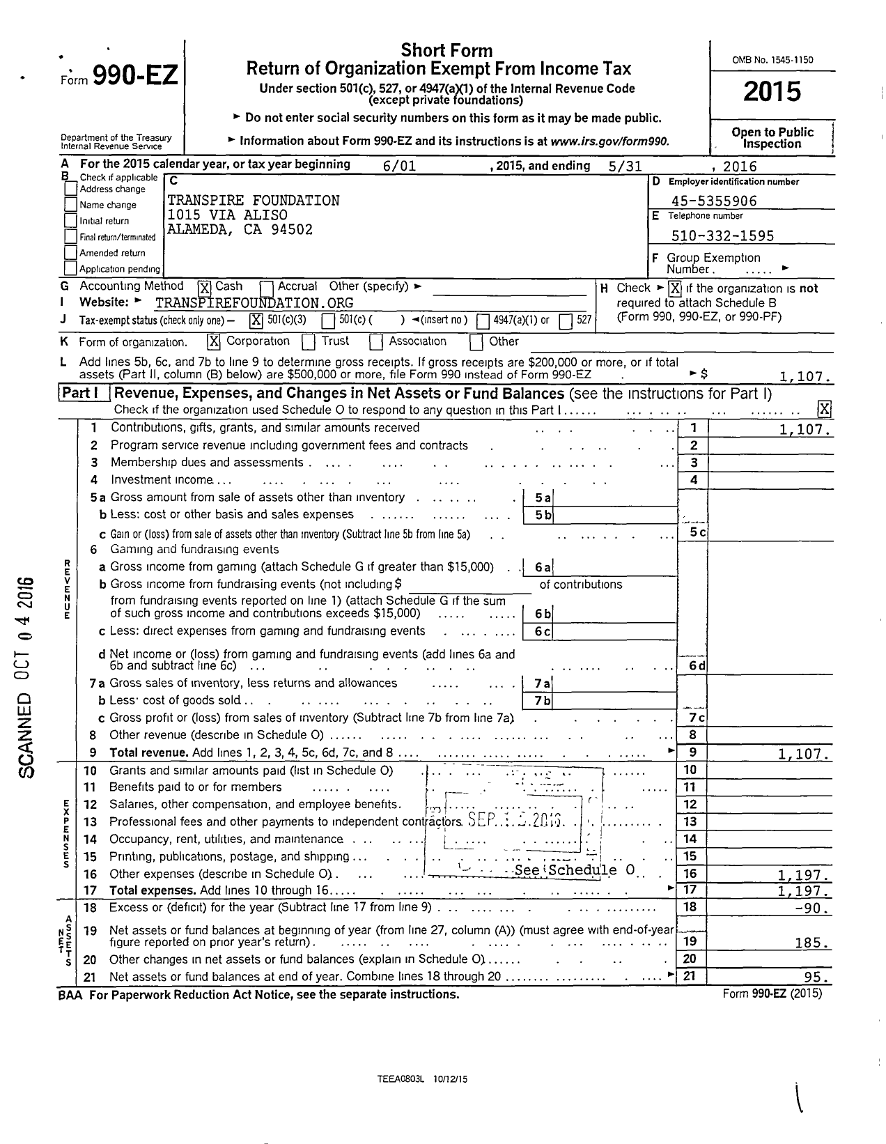 Image of first page of 2015 Form 990EZ for Transpire Foundation