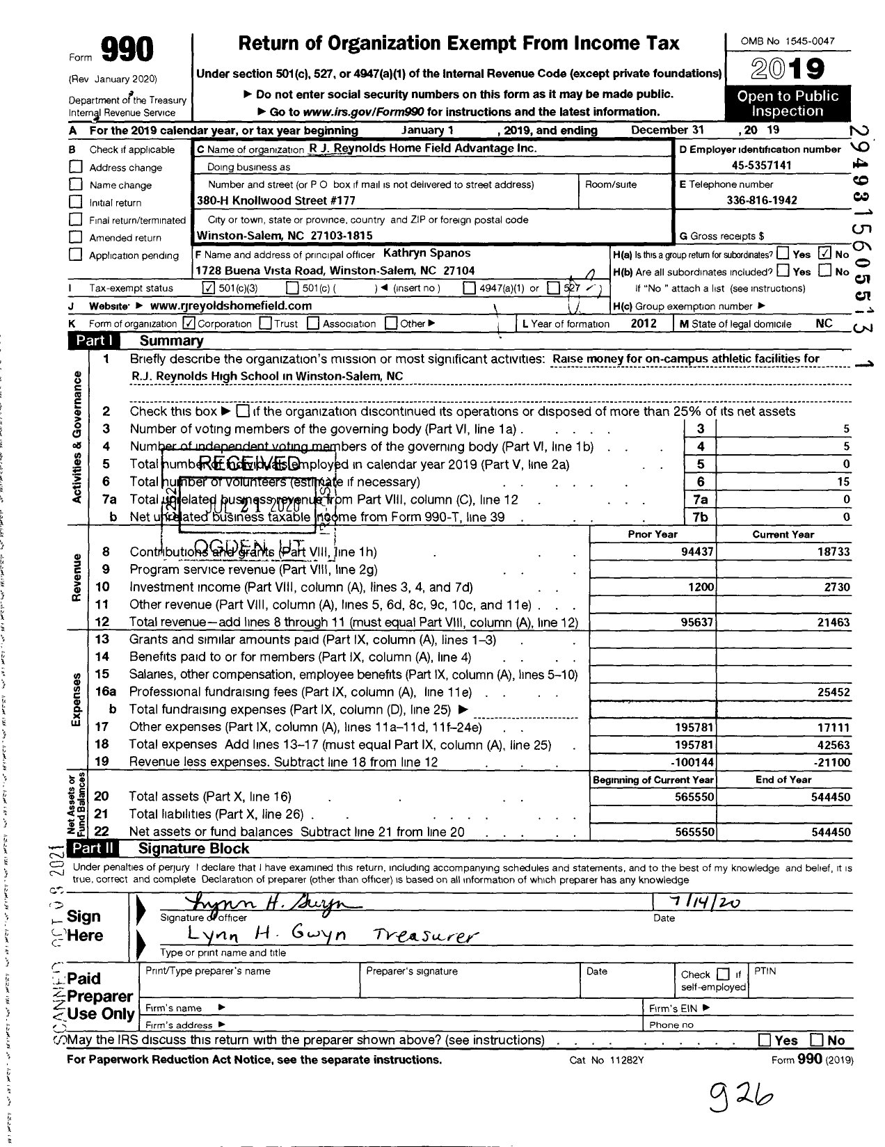 Image of first page of 2019 Form 990 for RJ J Reynolds Home Field Advantage