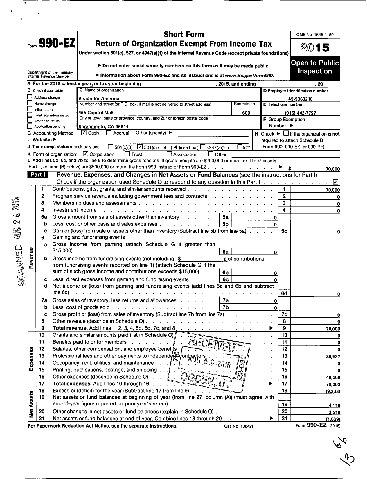 Image of first page of 2015 Form 990EO for Vision for America