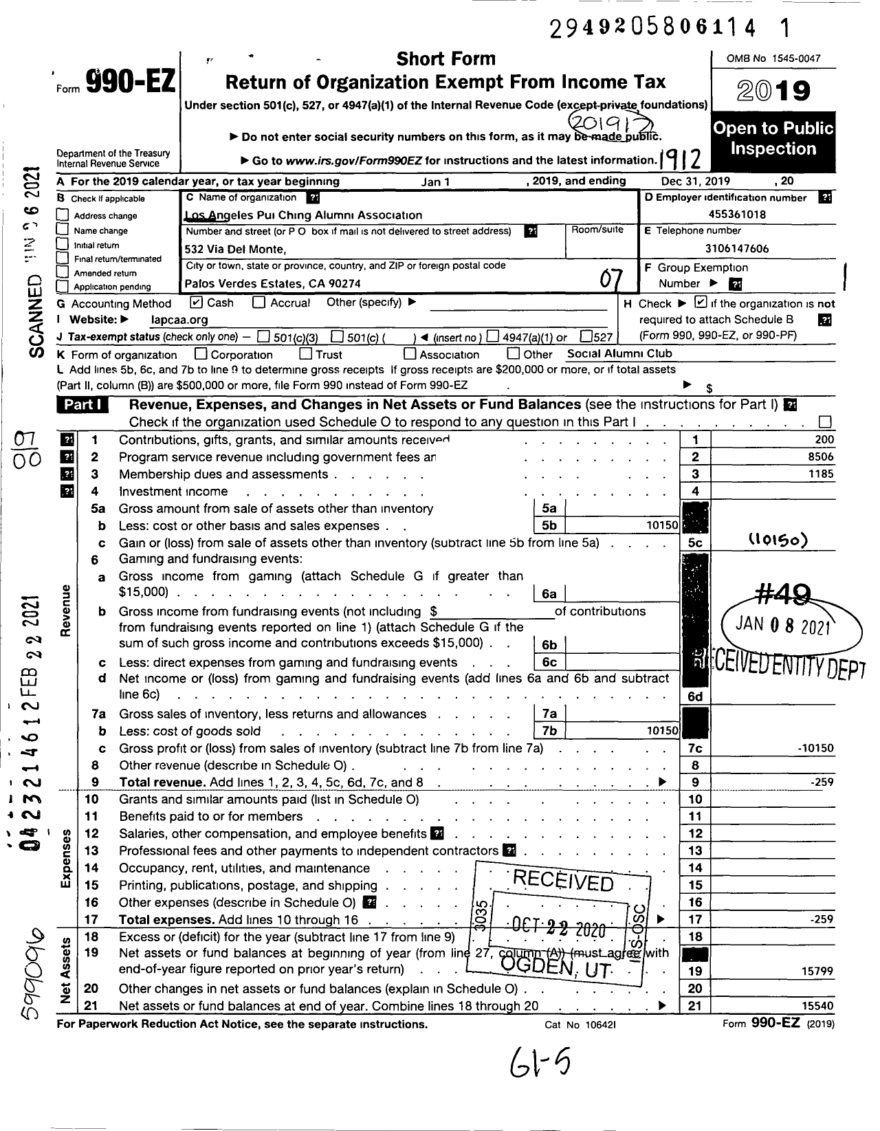 Image of first page of 2019 Form 990EO for Los Angeles Pui Ching Alumni Association