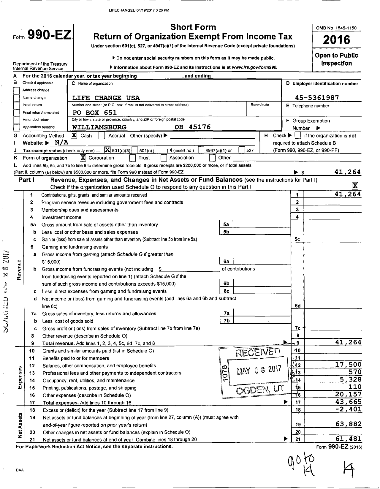 Image of first page of 2016 Form 990EZ for Life Change USA