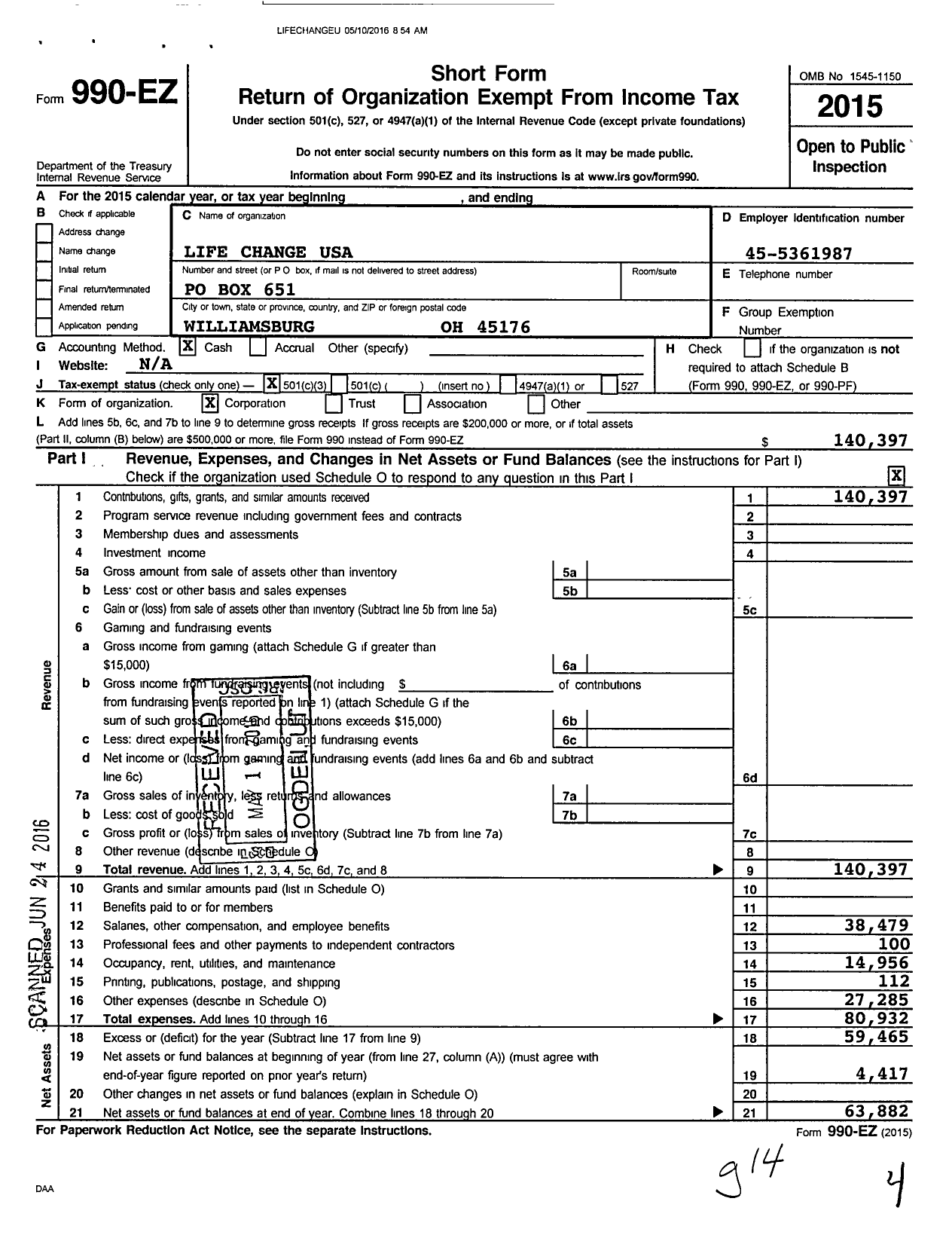 Image of first page of 2015 Form 990EZ for Life Change USA