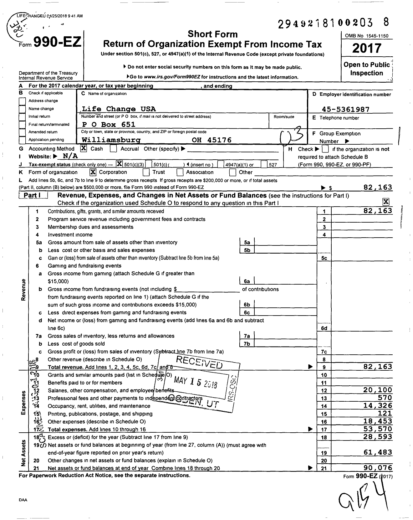 Image of first page of 2017 Form 990EZ for Life Change USA