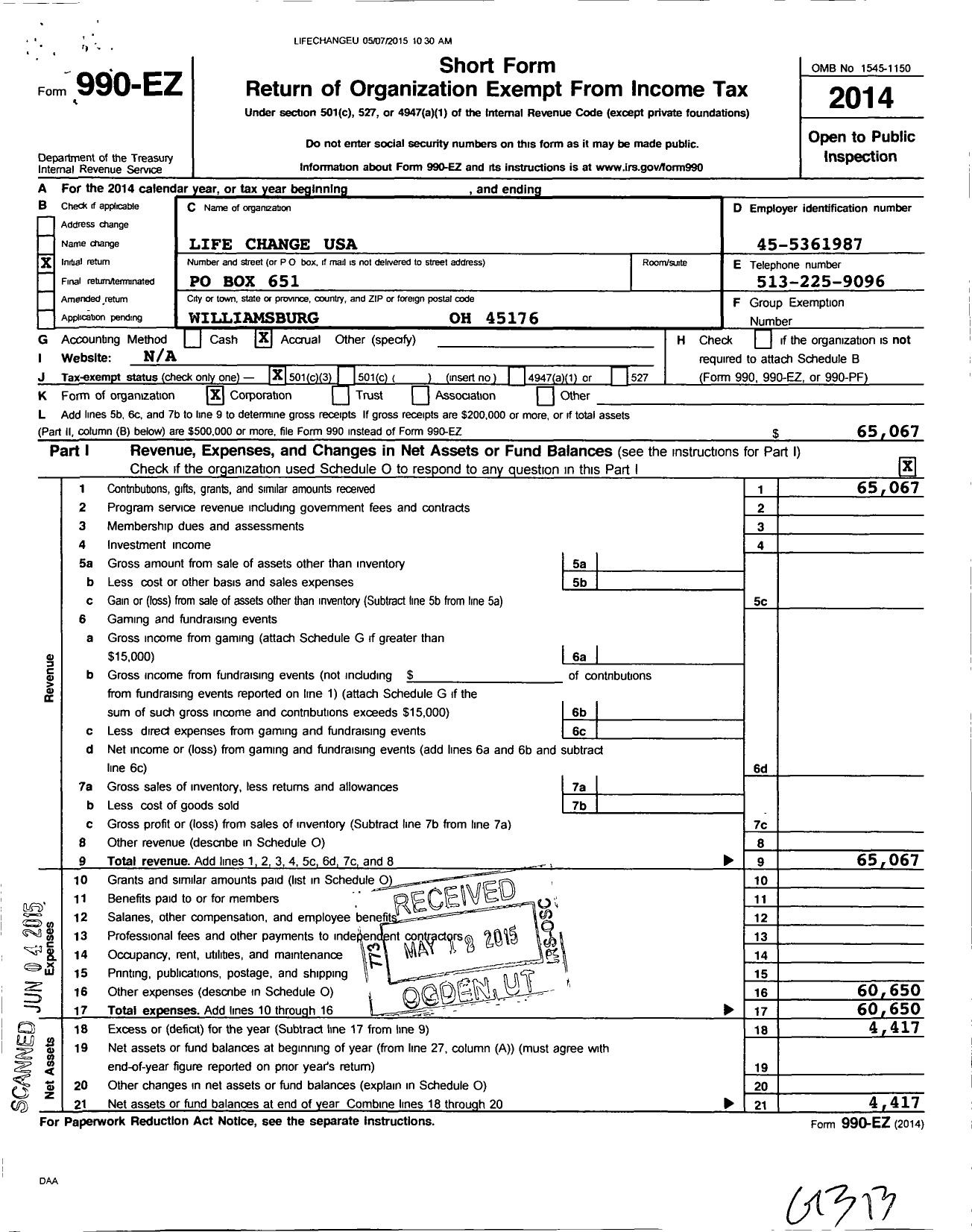 Image of first page of 2014 Form 990EZ for Life Change USA