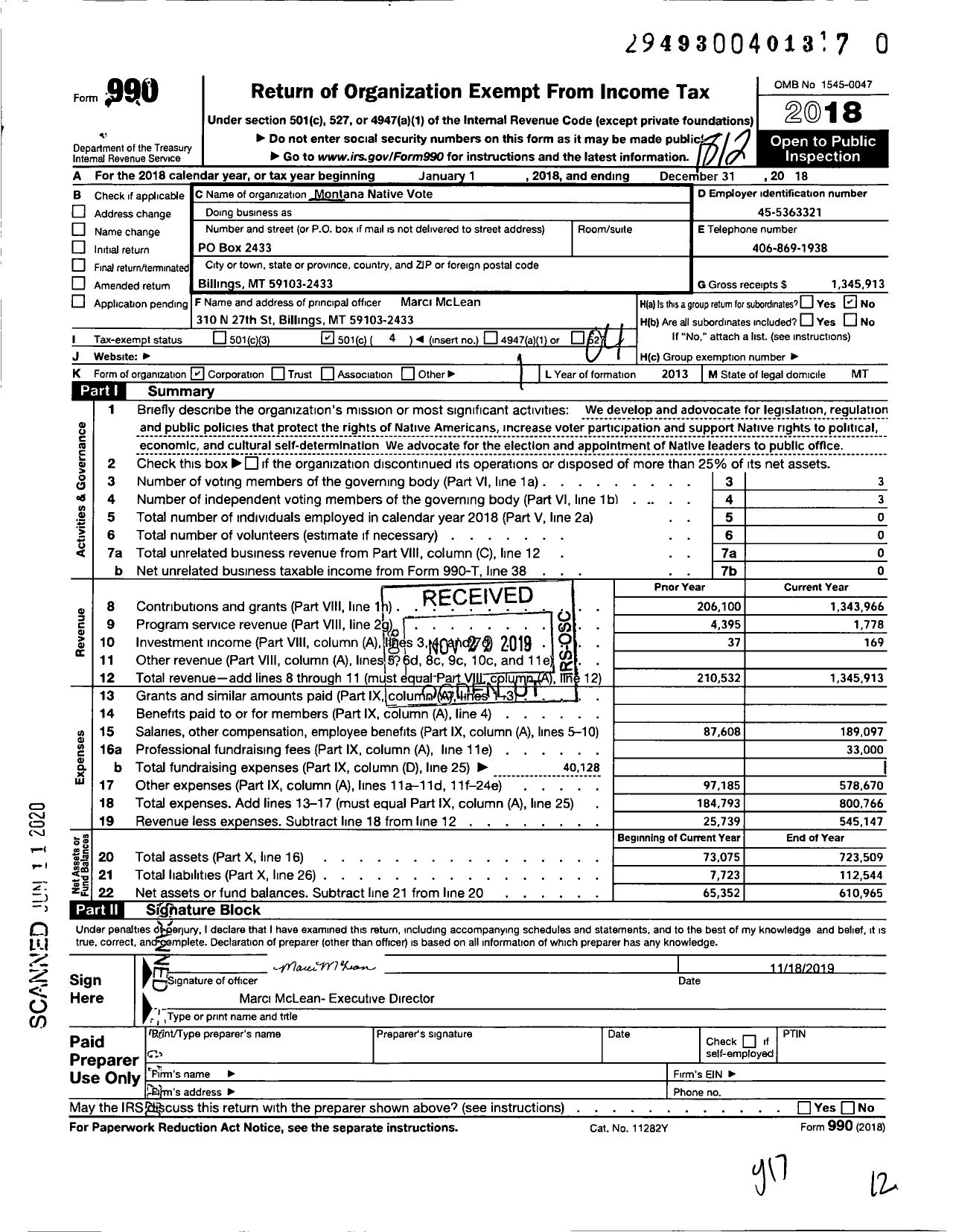 Image of first page of 2018 Form 990O for Indigenous Vote