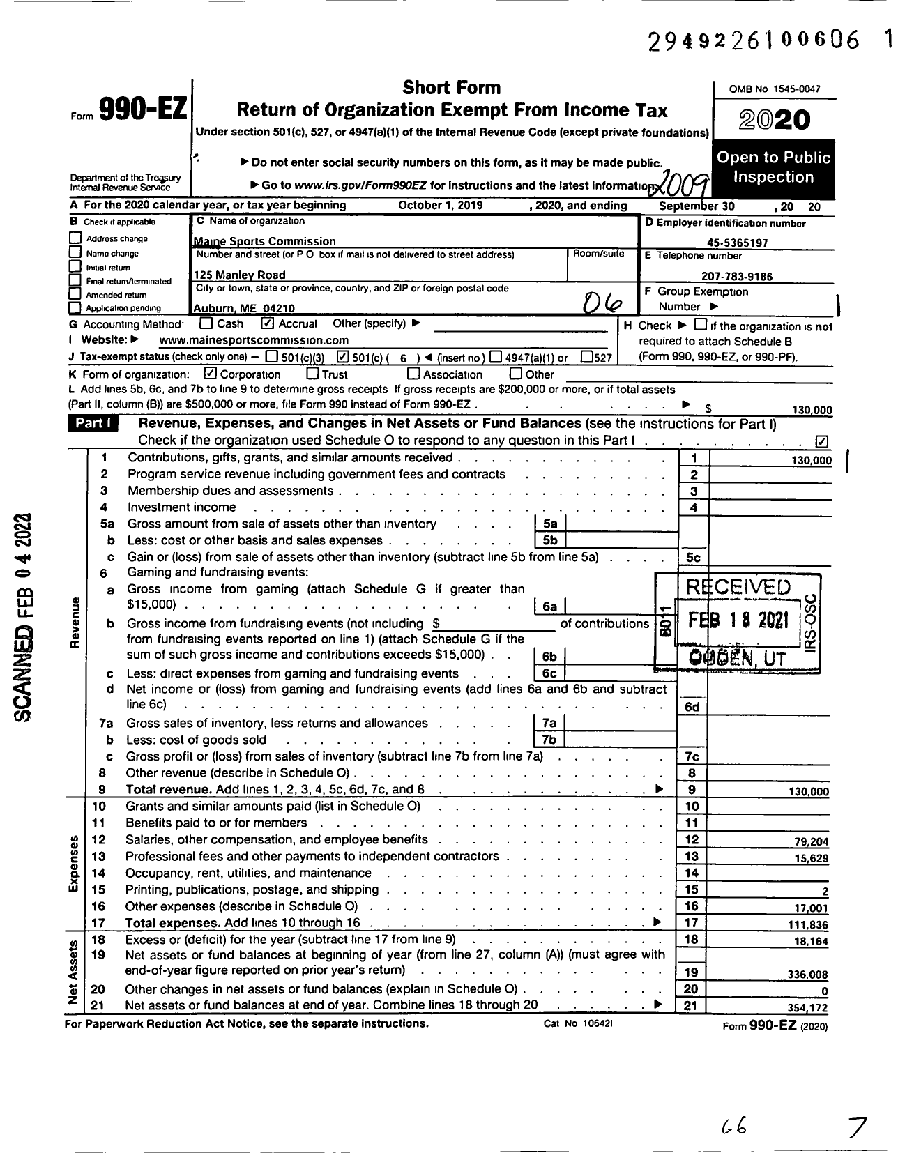 Image of first page of 2019 Form 990EO for Maine Sports Commission
