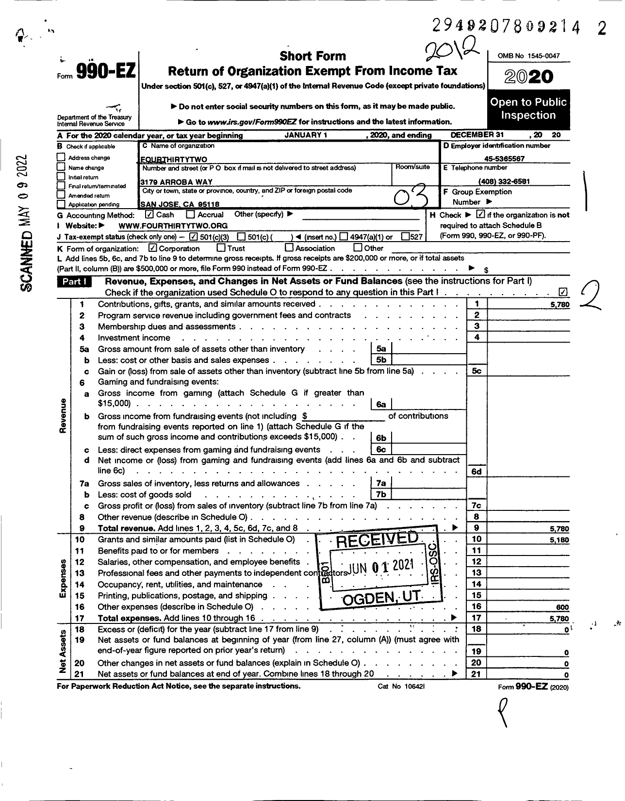 Image of first page of 2020 Form 990EZ for Four Thirty Two