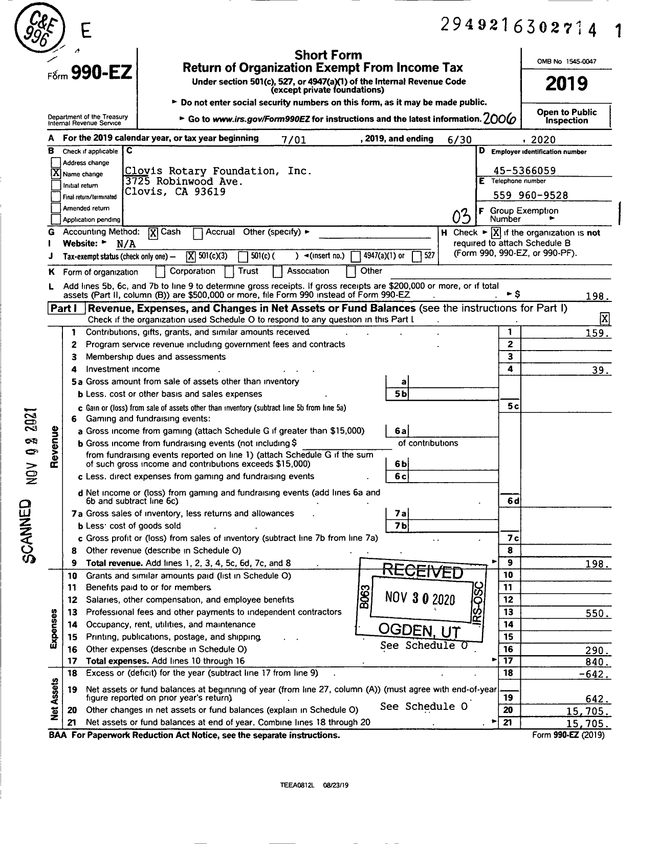 Image of first page of 2019 Form 990EZ for Clovis Rotary Foundation