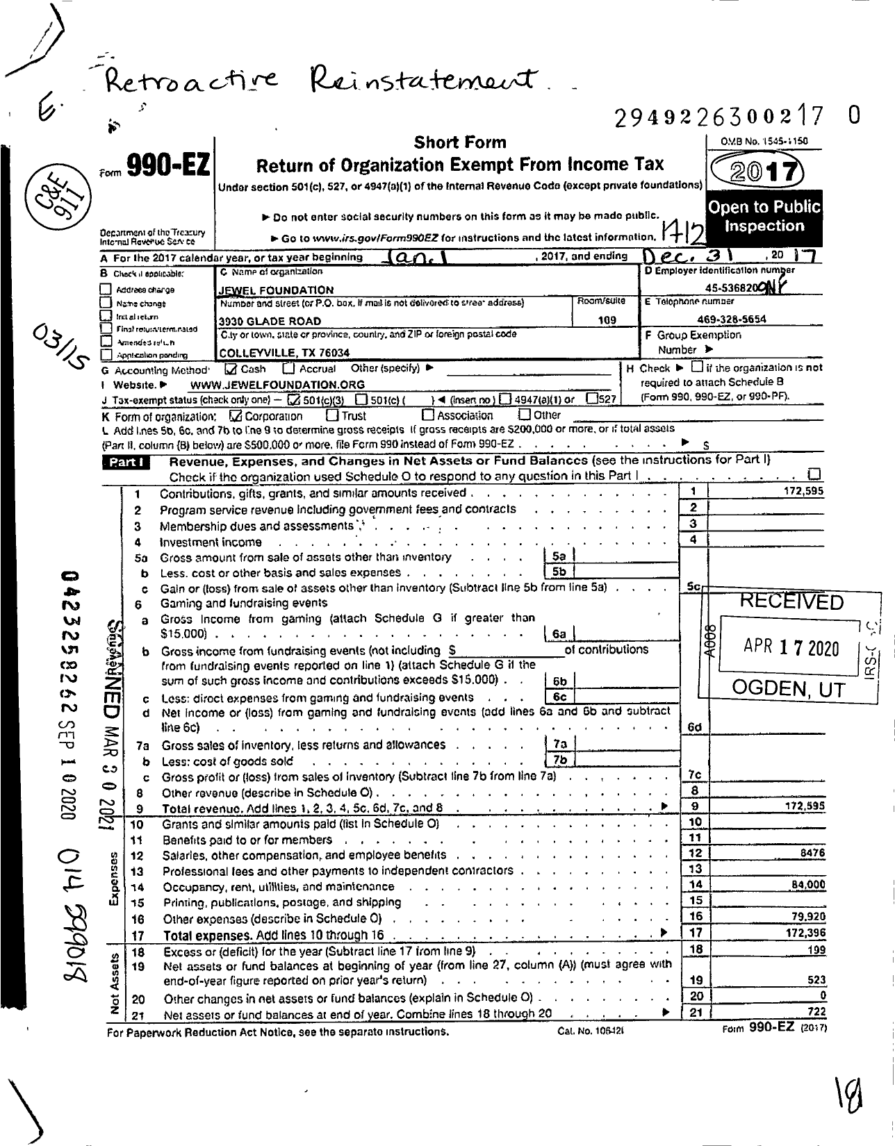 Image of first page of 2017 Form 990EZ for Jewel E W E L Foundation