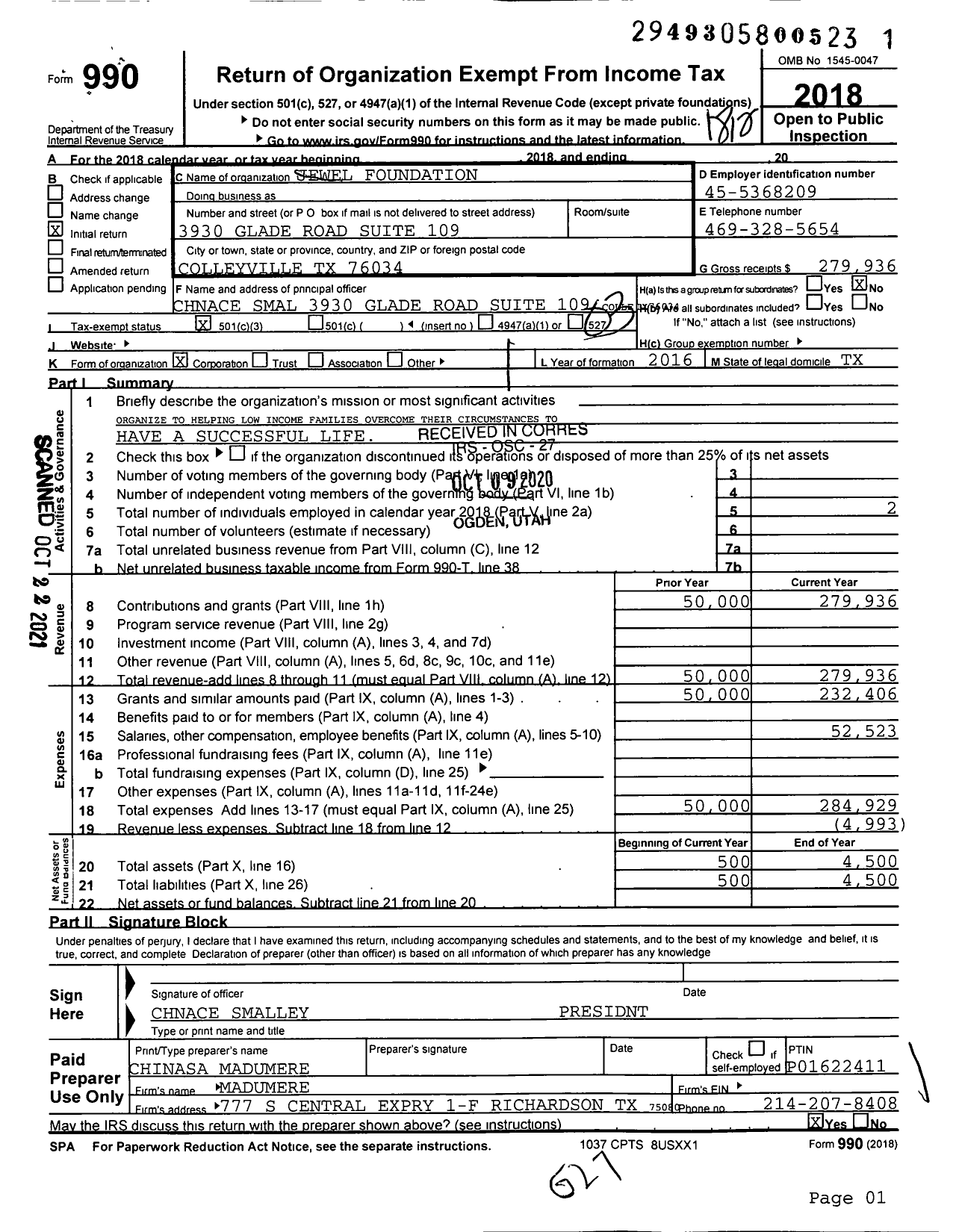 Image of first page of 2018 Form 990 for Jewel E W E L Foundation