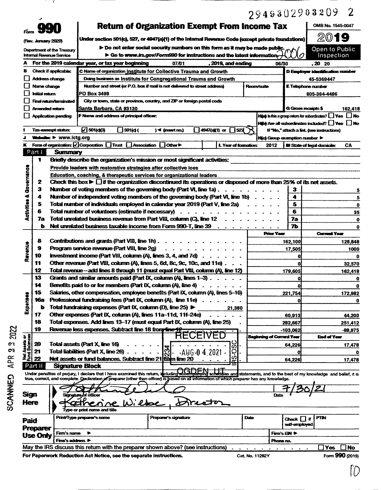 Image of first page of 2019 Form 990 for Institute for Congregational Trauma and Growth