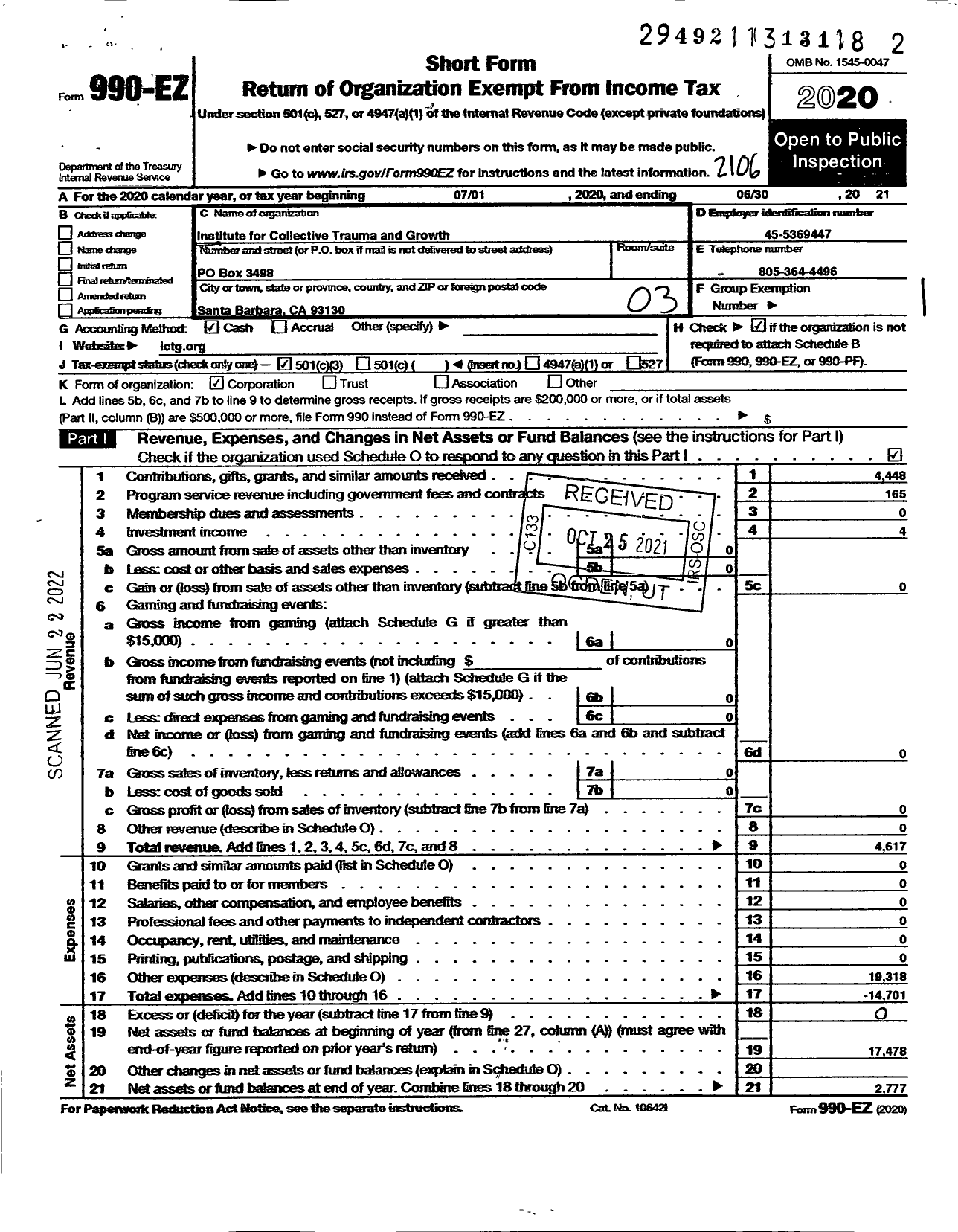 Image of first page of 2020 Form 990EZ for Institute for Congregational Trauma and Growth