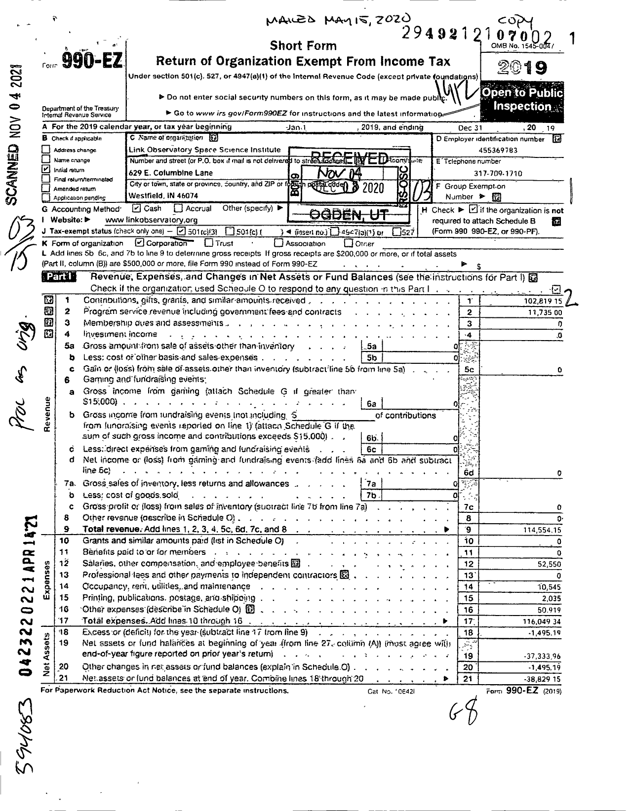 Image of first page of 2019 Form 990EZ for Link Observatory and Space Science Center Corporation