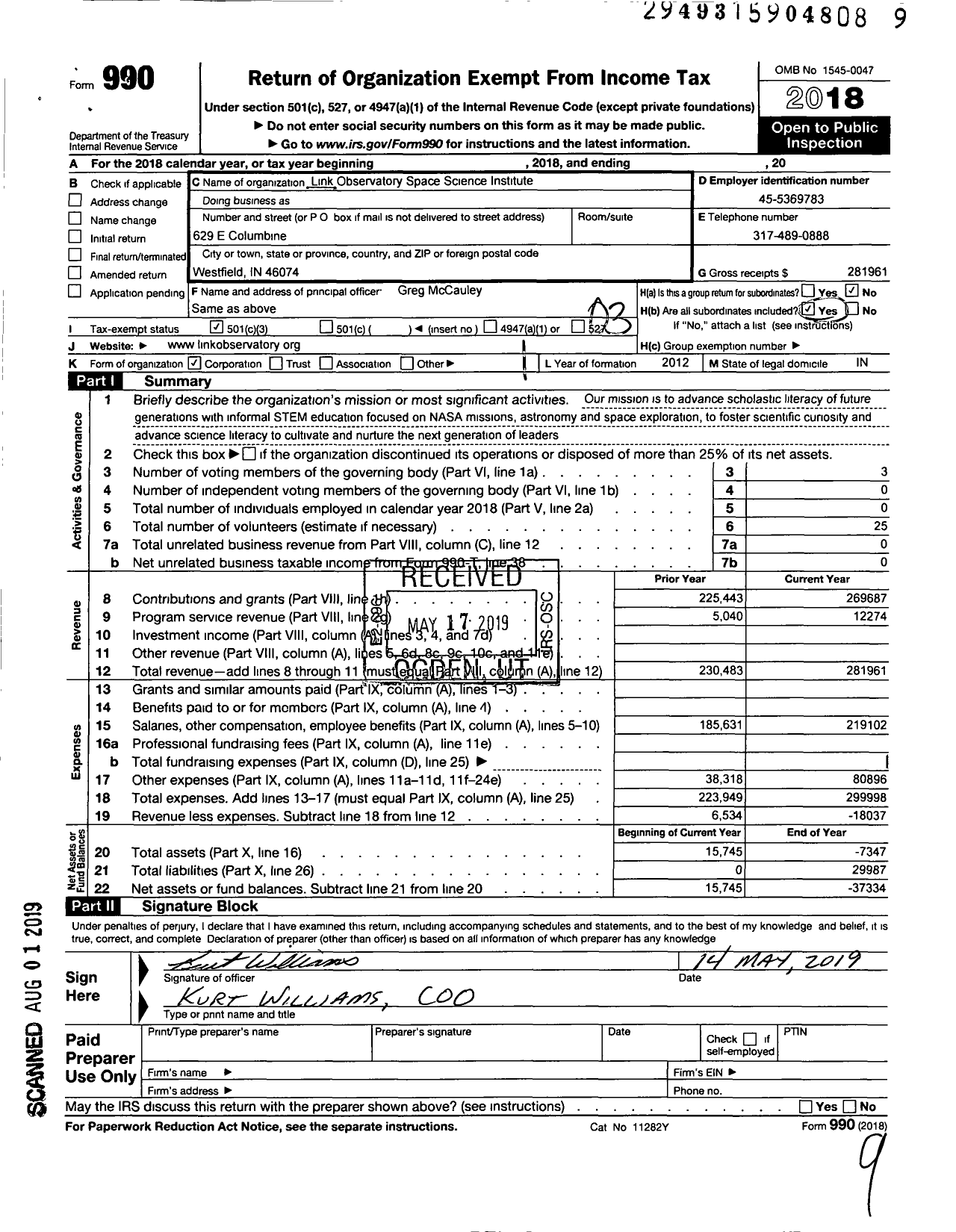 Image of first page of 2018 Form 990 for Link Observatory and Space Science Center Corporation