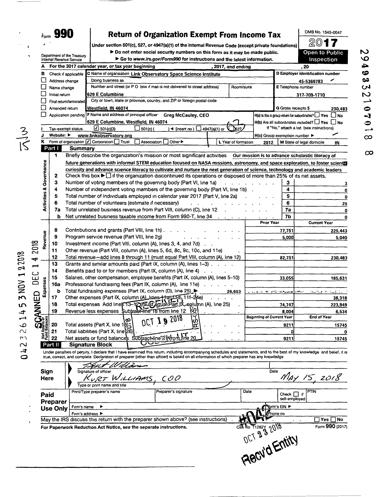 Image of first page of 2017 Form 990 for Link Observatory and Space Science Center Corporation