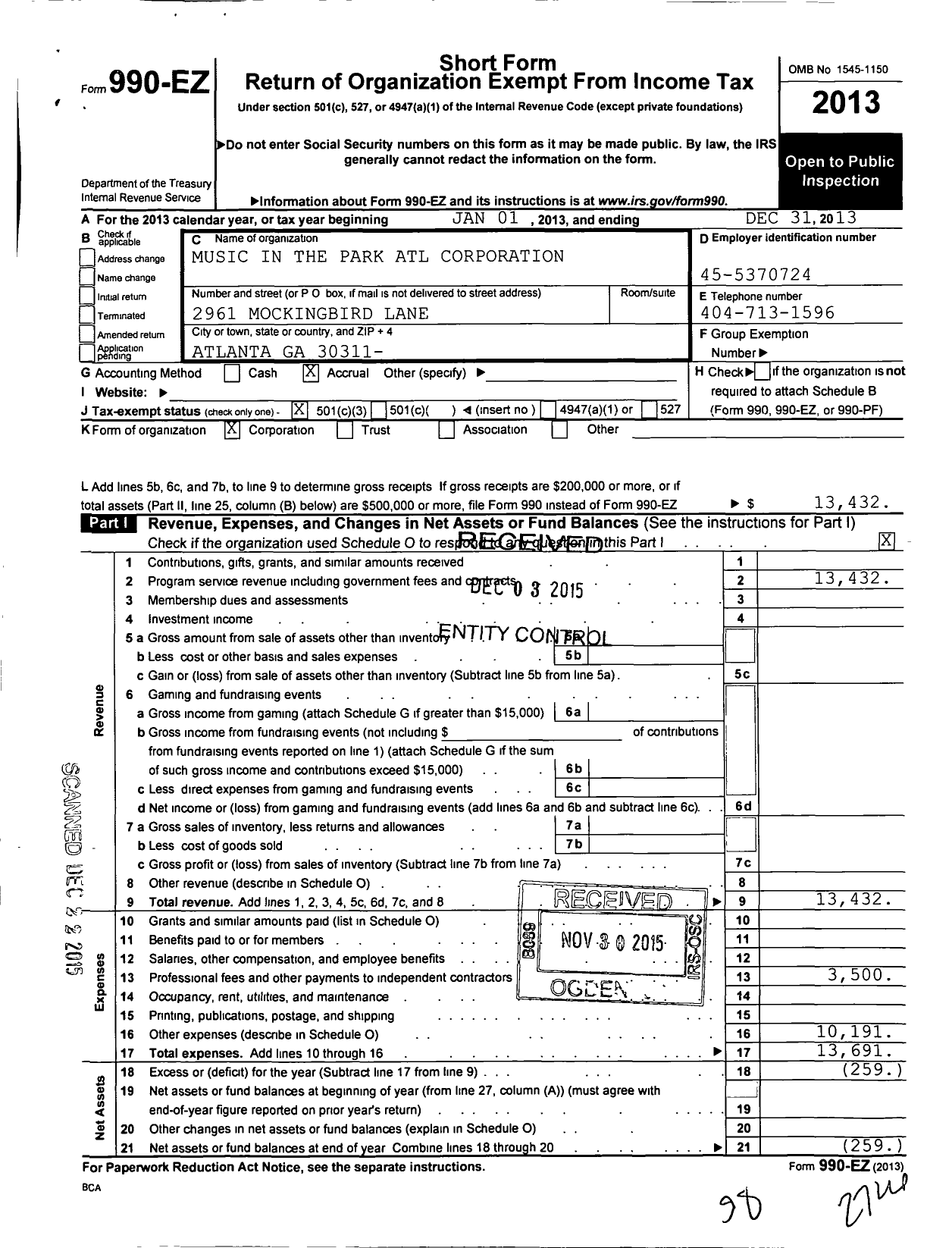 Image of first page of 2013 Form 990EZ for MUSIC IN THE PARK ATL Corporation