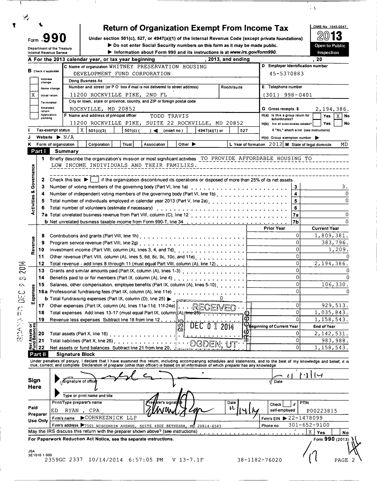 Image of first page of 2013 Form 990 for Whitney Preservation Housing Development Fund Corporation