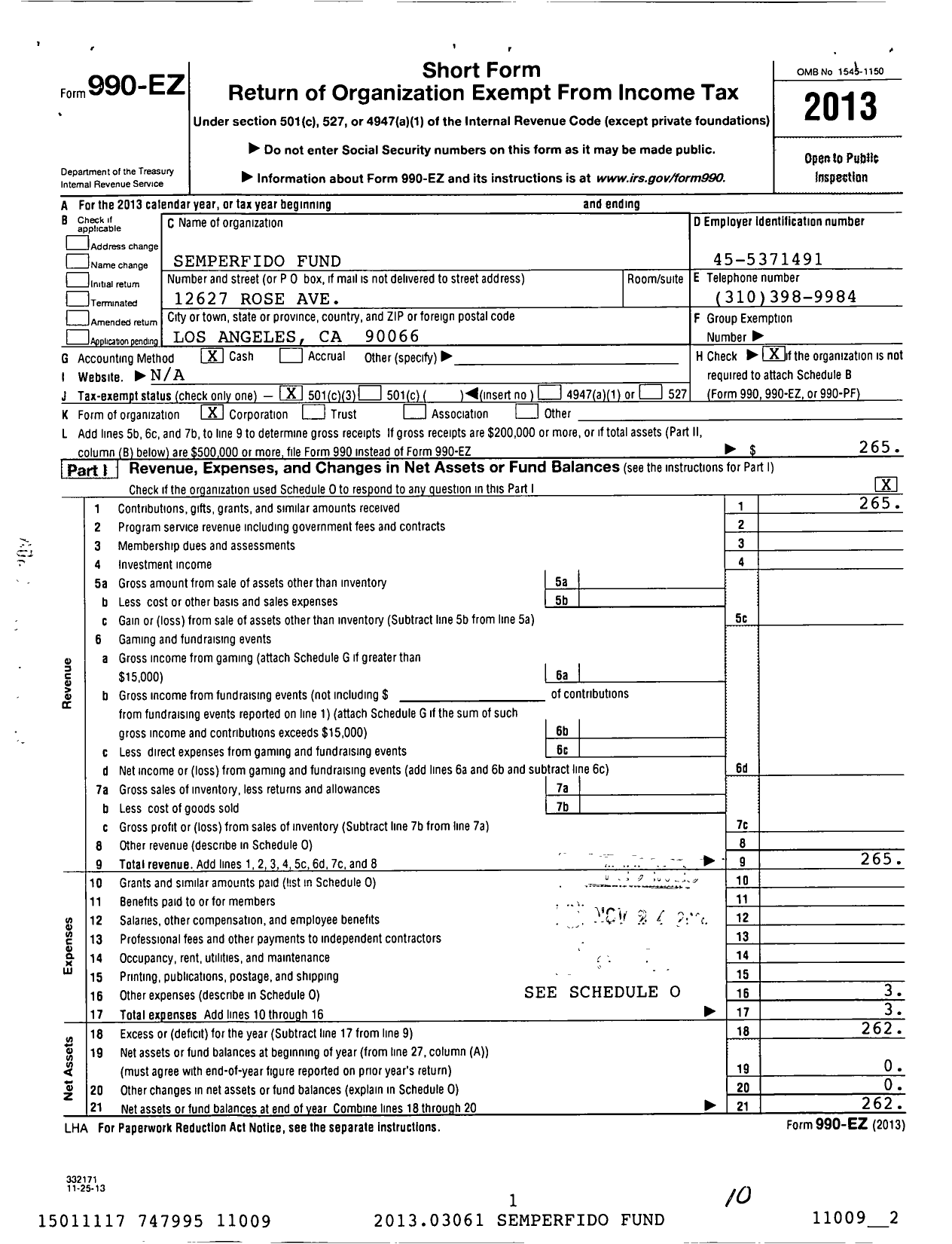 Image of first page of 2013 Form 990EZ for Semperfido Fund