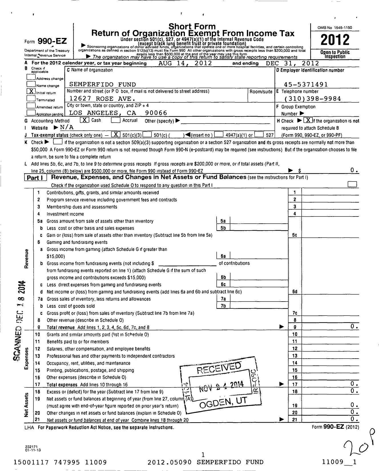 Image of first page of 2012 Form 990EZ for Semperfido Fund