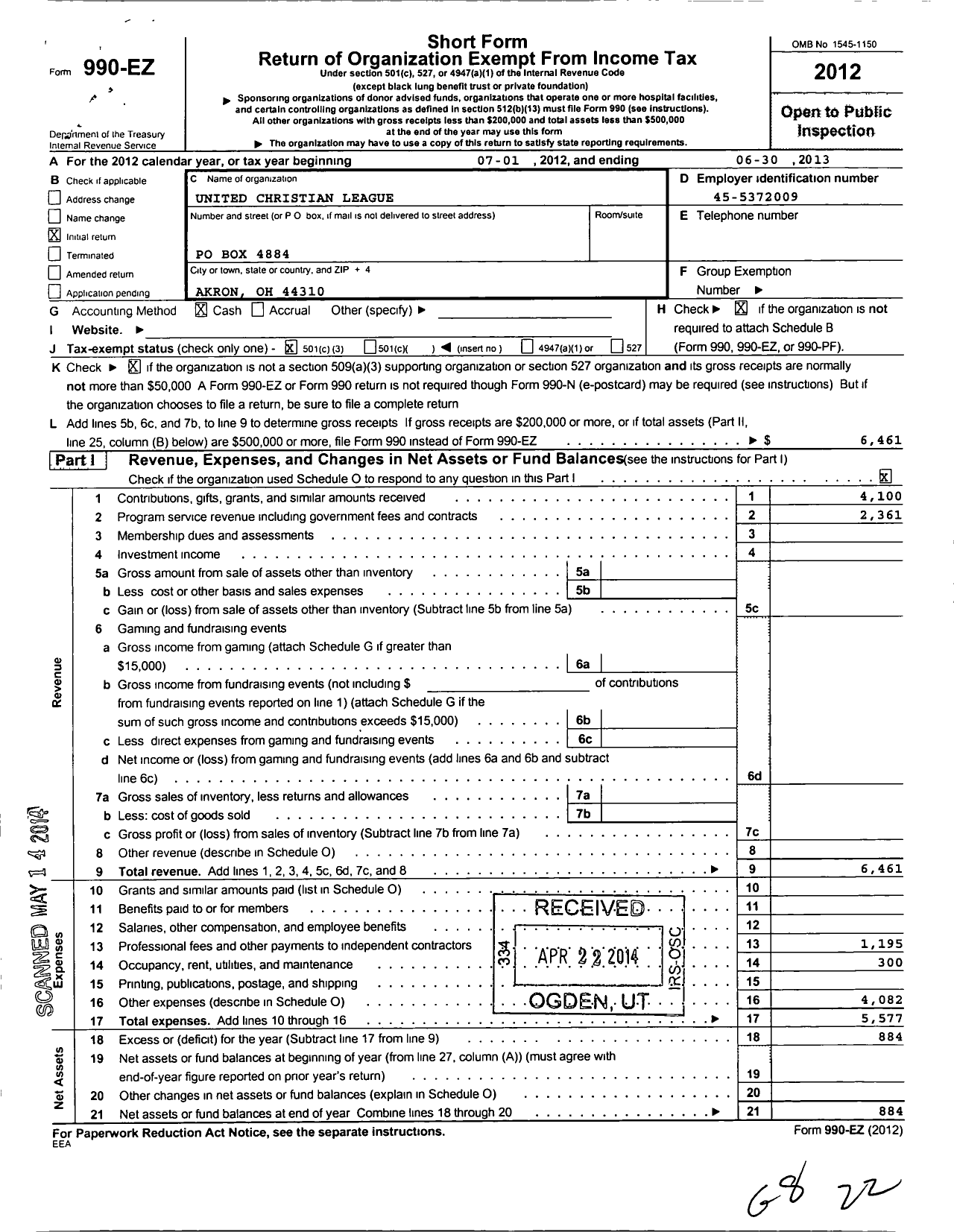 Image of first page of 2012 Form 990EZ for United Christian League