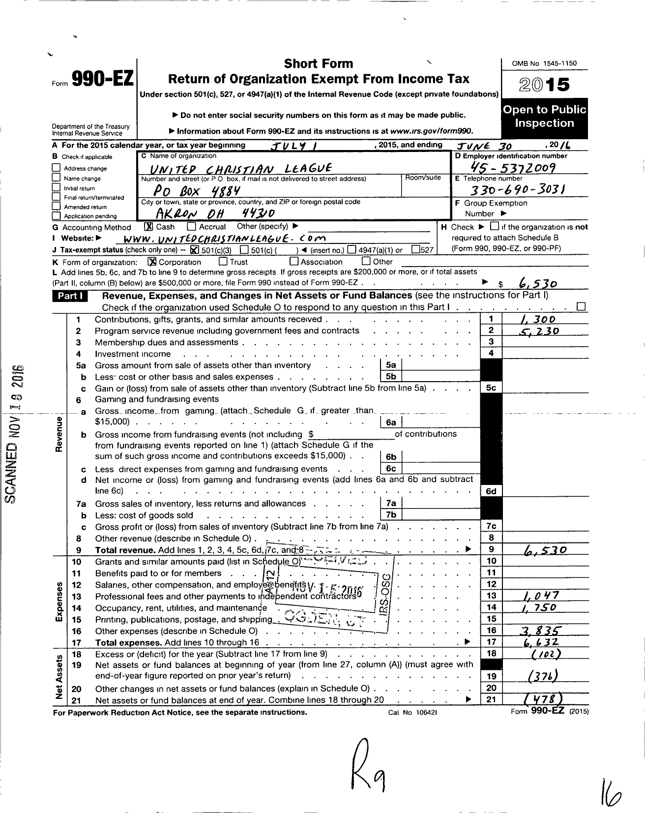 Image of first page of 2015 Form 990EZ for United Christian League