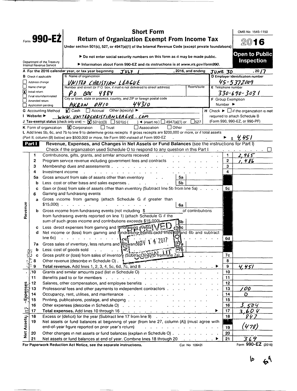 Image of first page of 2016 Form 990EZ for United Christian League