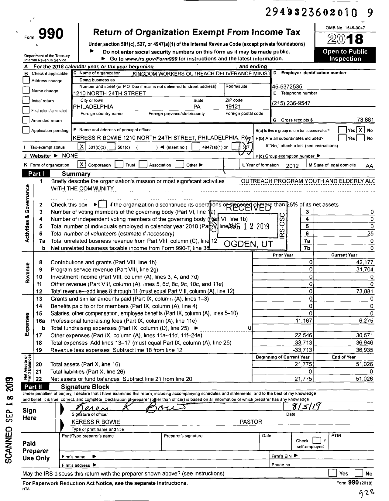 Image of first page of 2018 Form 990 for Kingdom Workers Outreach Deliverance Evangelistic Ministrie