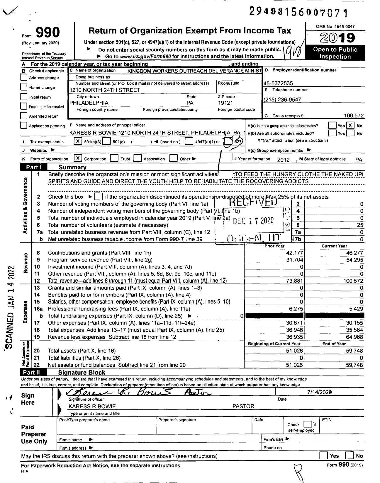 Image of first page of 2019 Form 990 for Kingdom Workers Outreach Deliverance Evangelistic Ministrie