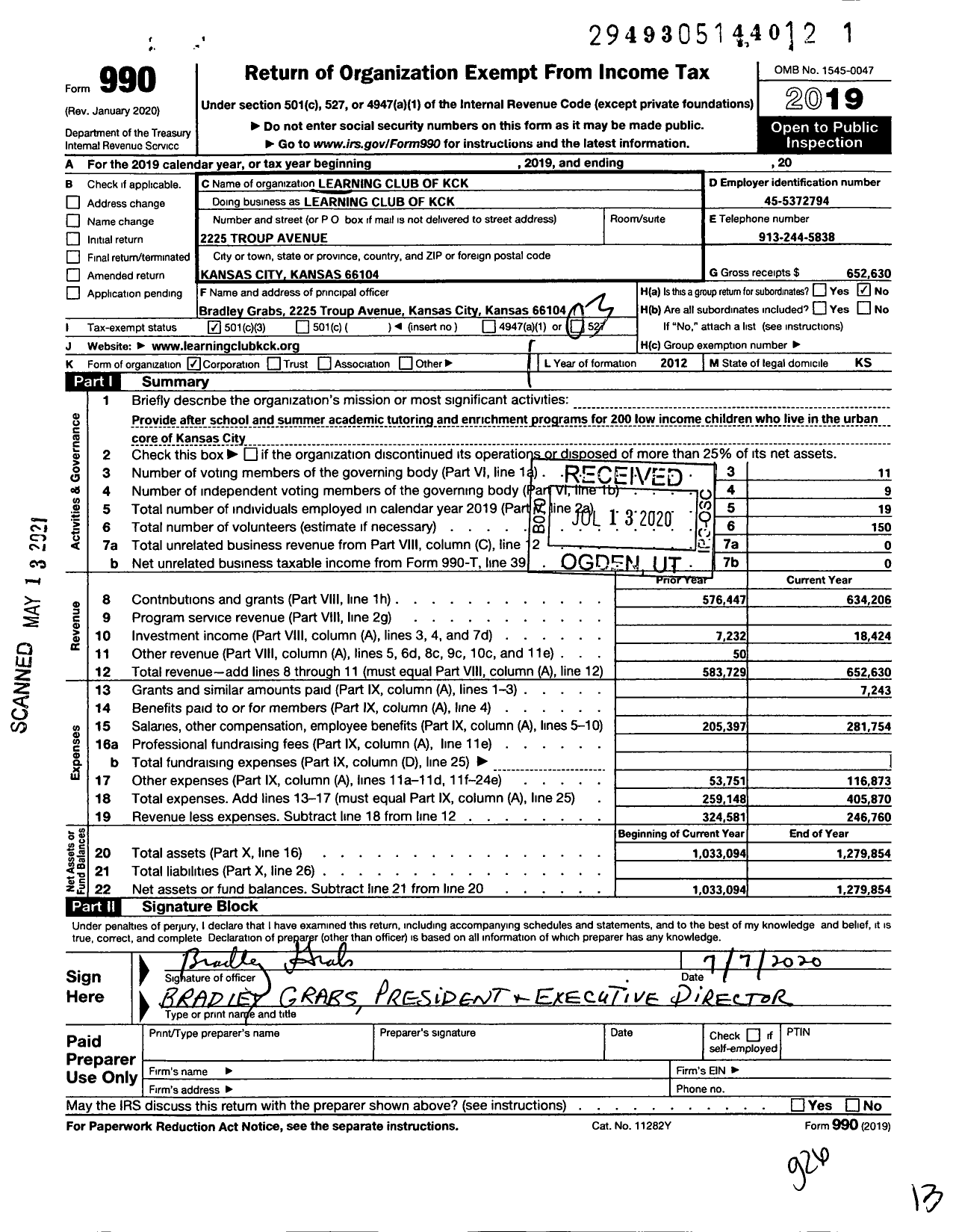 Image of first page of 2019 Form 990 for Learning Club of KCK