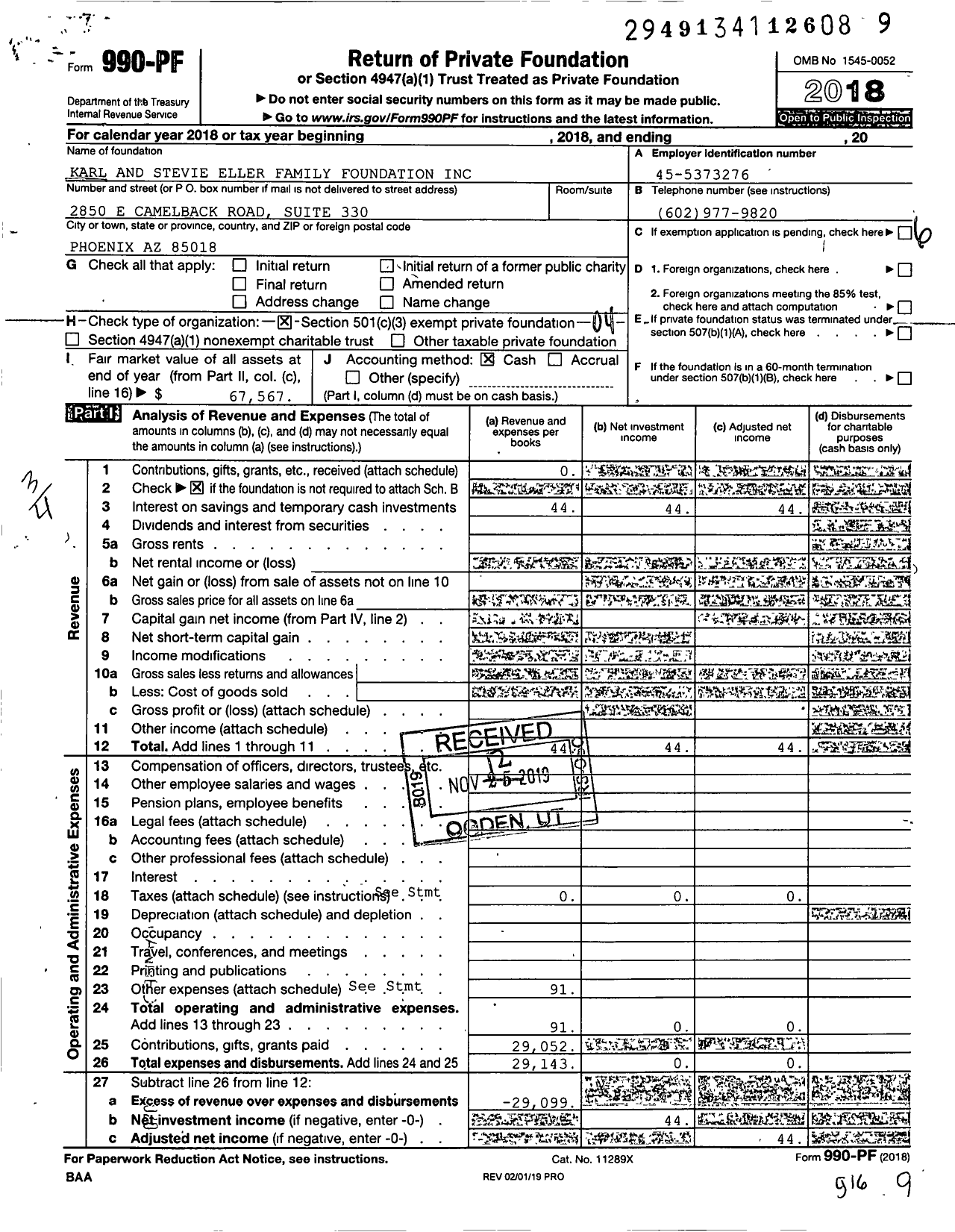 Image of first page of 2018 Form 990PF for Karl and Stevie Eller Family Foundation