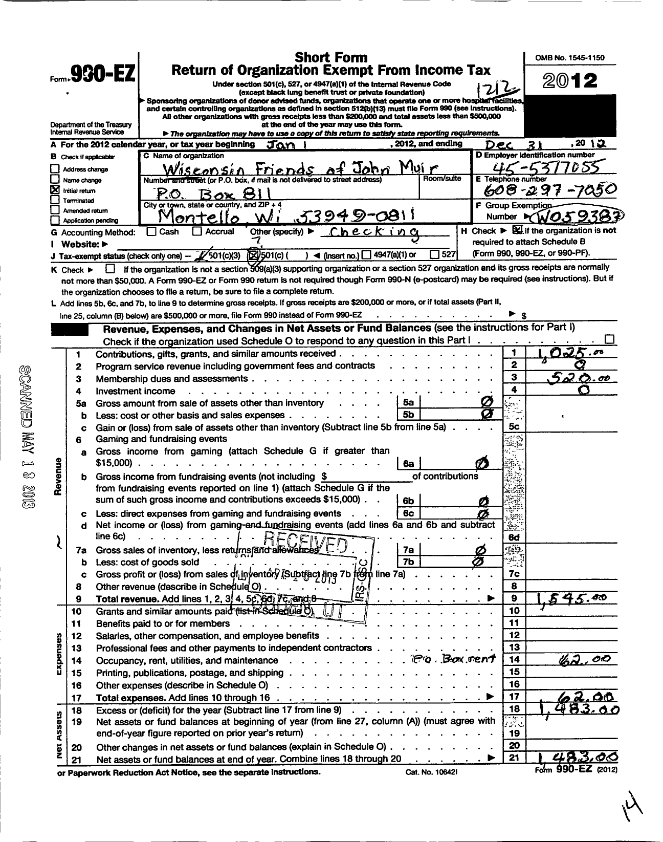 Image of first page of 2012 Form 990EZ for Wisconsin Friends of John Muir