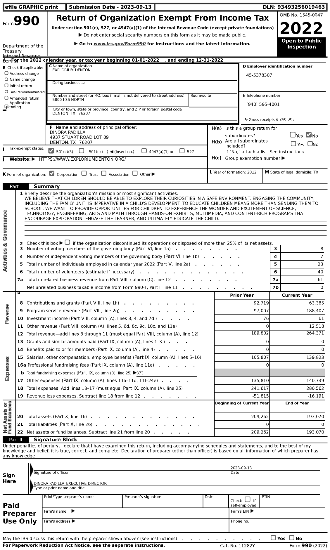 Image of first page of 2022 Form 990 for Explorium Denton Childrens Museum