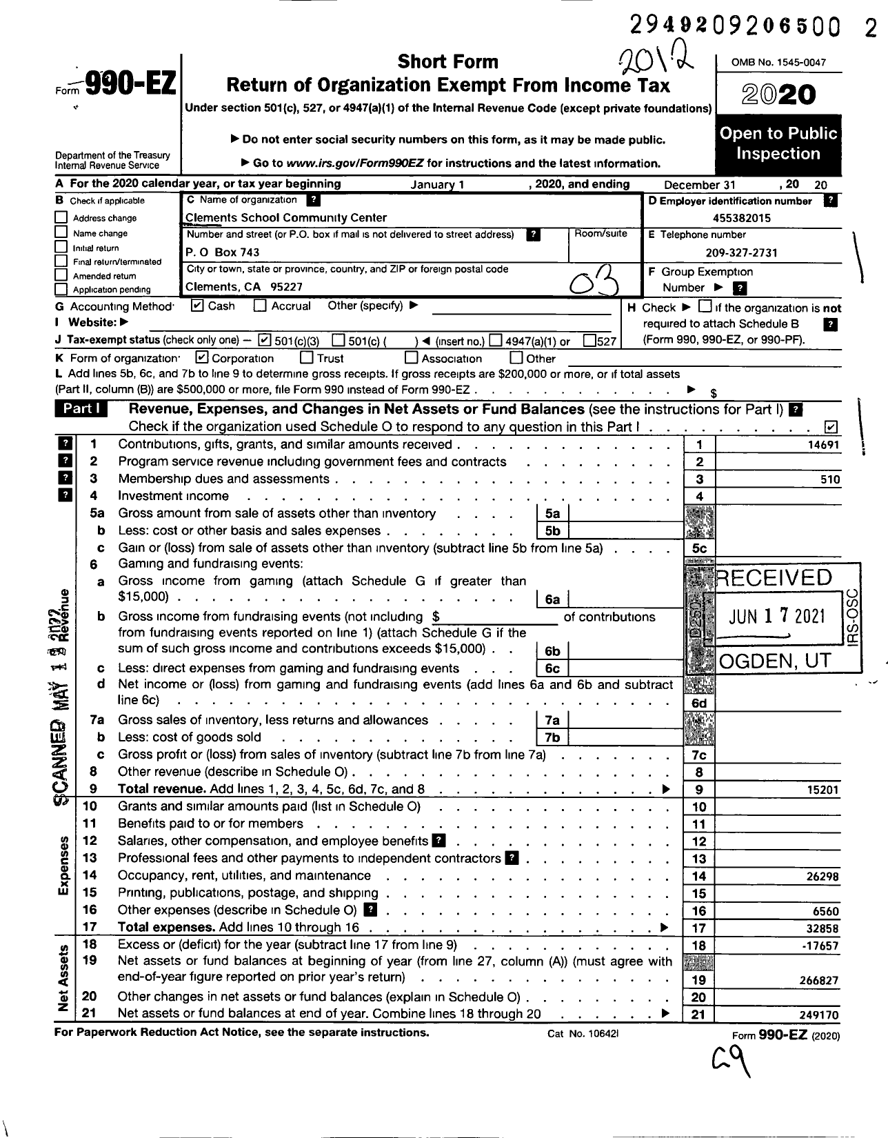 Image of first page of 2020 Form 990EZ for Clements School Community Center