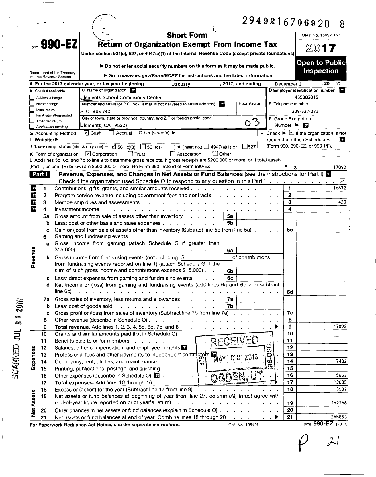 Image of first page of 2017 Form 990EZ for Clements School Community Center