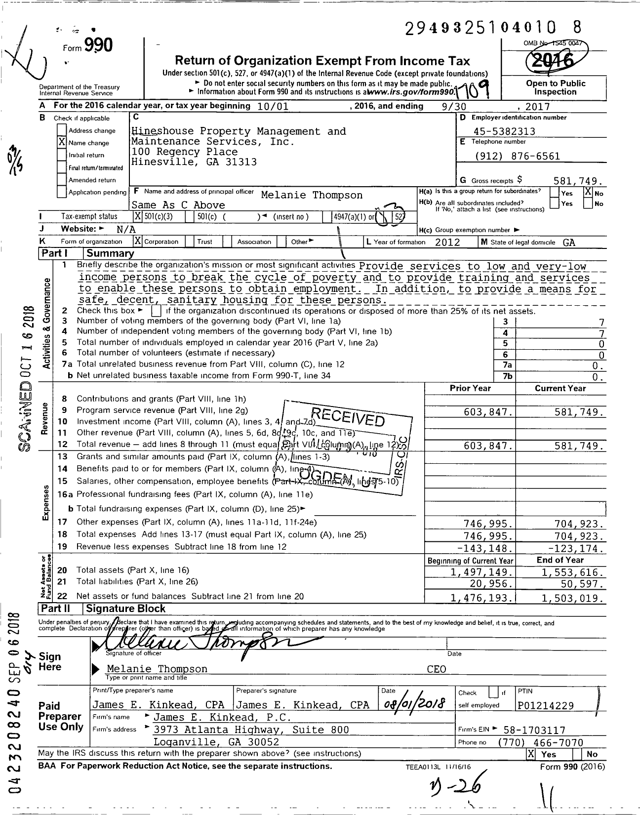 Image of first page of 2016 Form 990 for Hineshouse Property Management and Maintenance Services