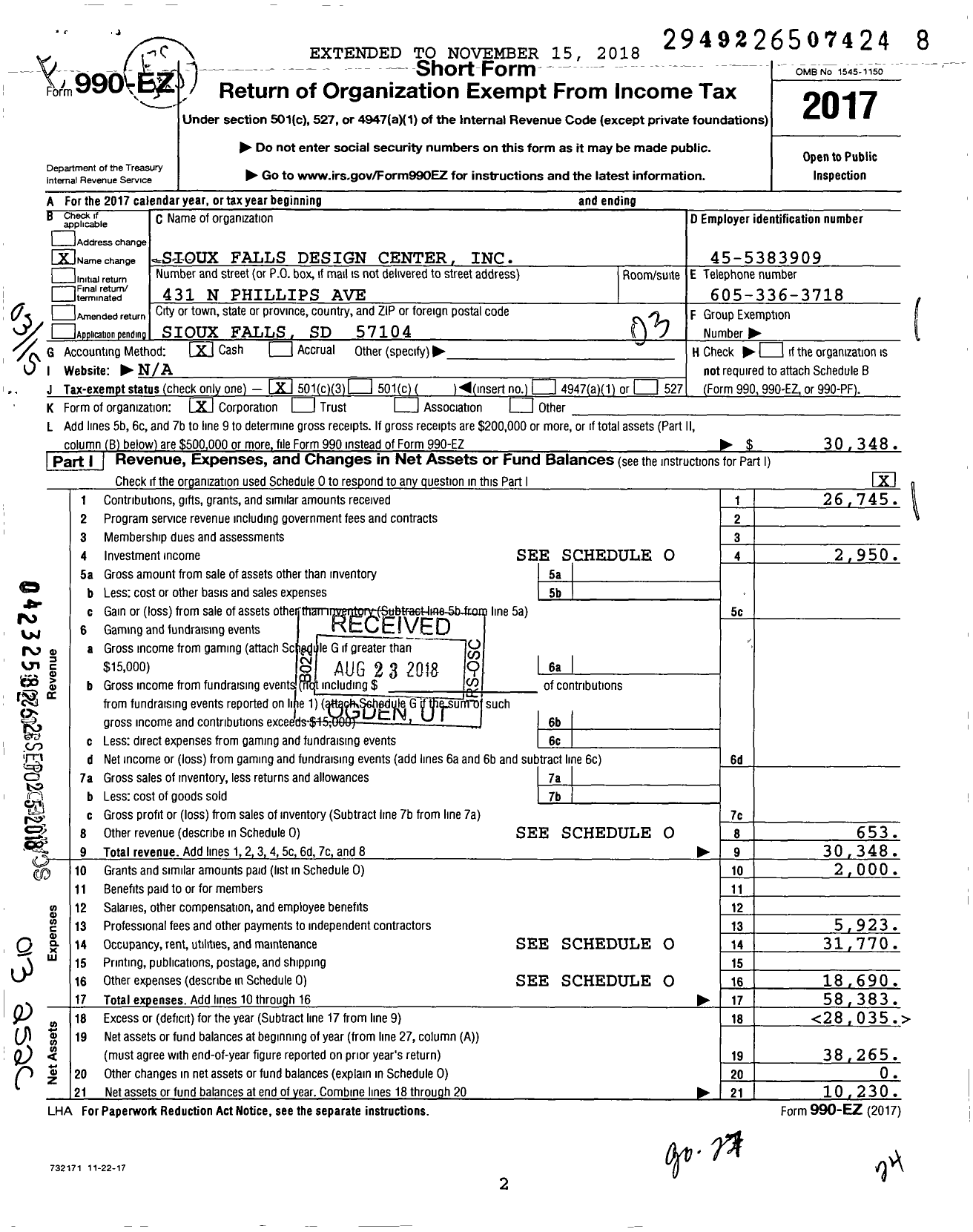 Image of first page of 2017 Form 990EZ for Sioux Falls Design Center