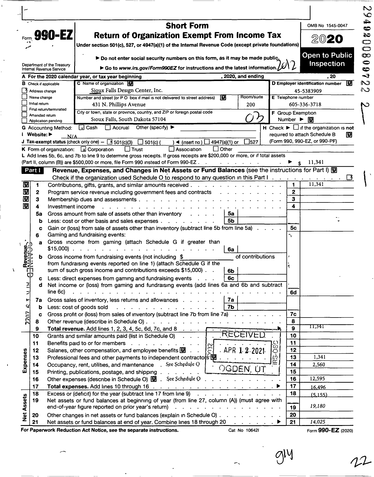 Image of first page of 2020 Form 990EZ for Sioux Falls Design Center