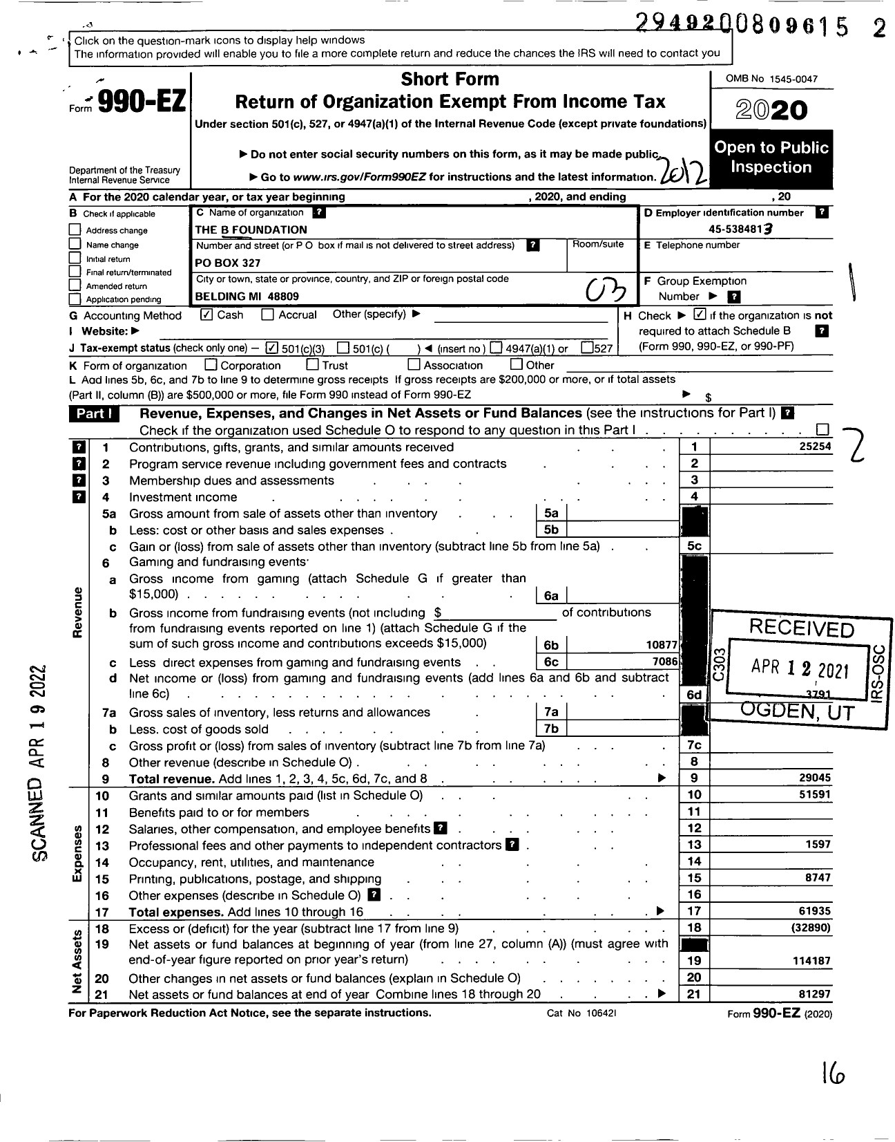 Image of first page of 2020 Form 990EZ for B Foundation