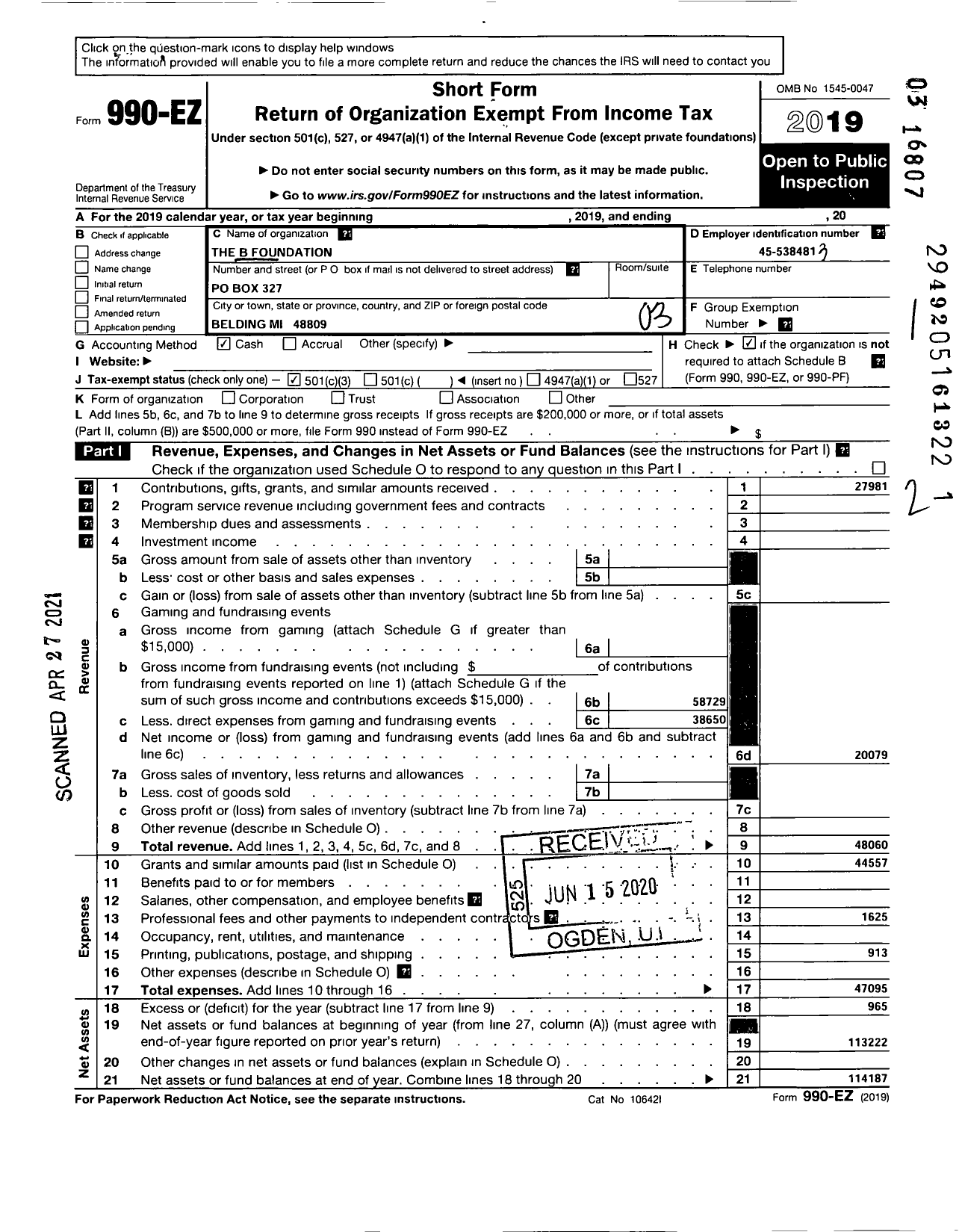 Image of first page of 2019 Form 990EZ for B Foundation