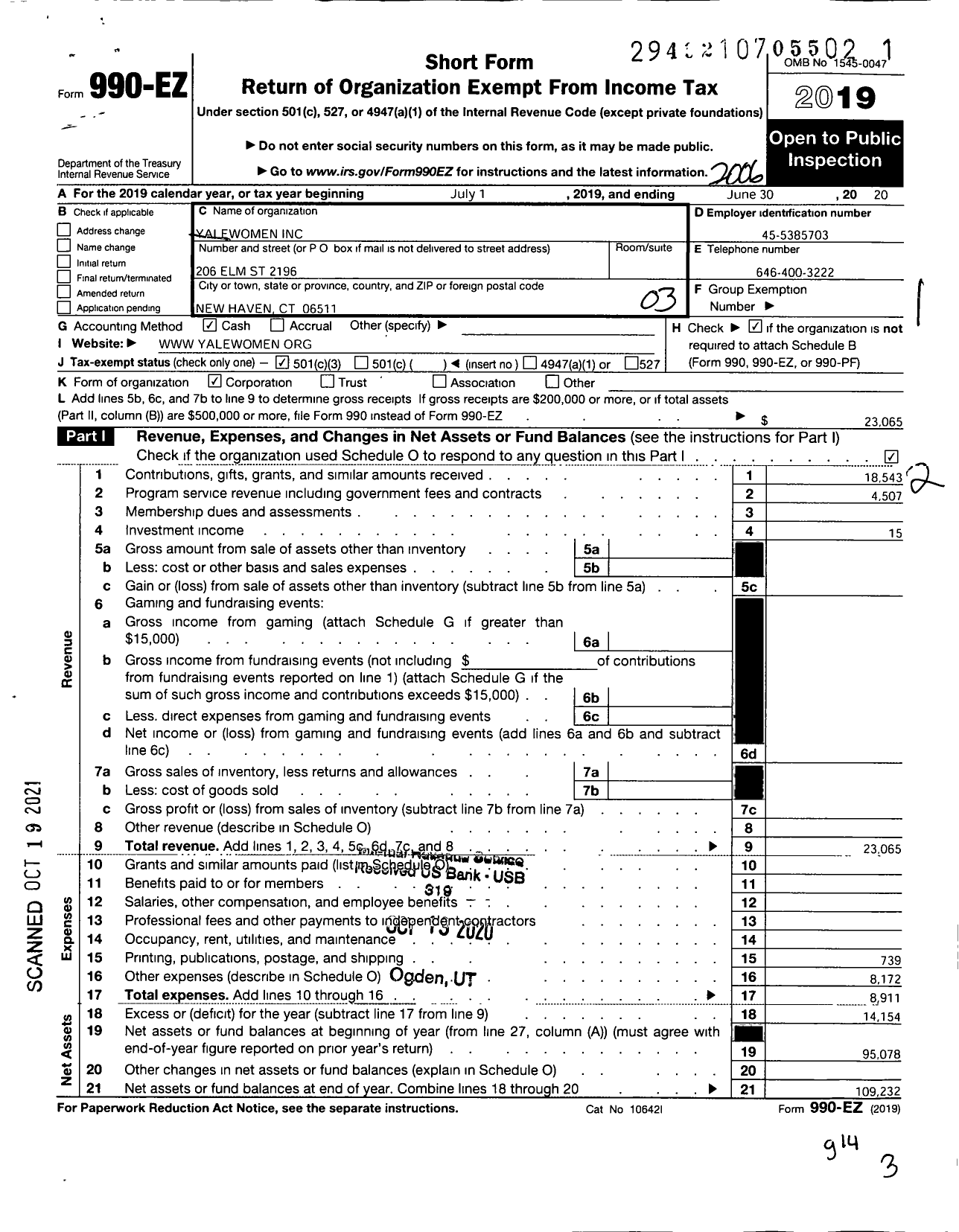 Image of first page of 2019 Form 990EZ for Yalewomen