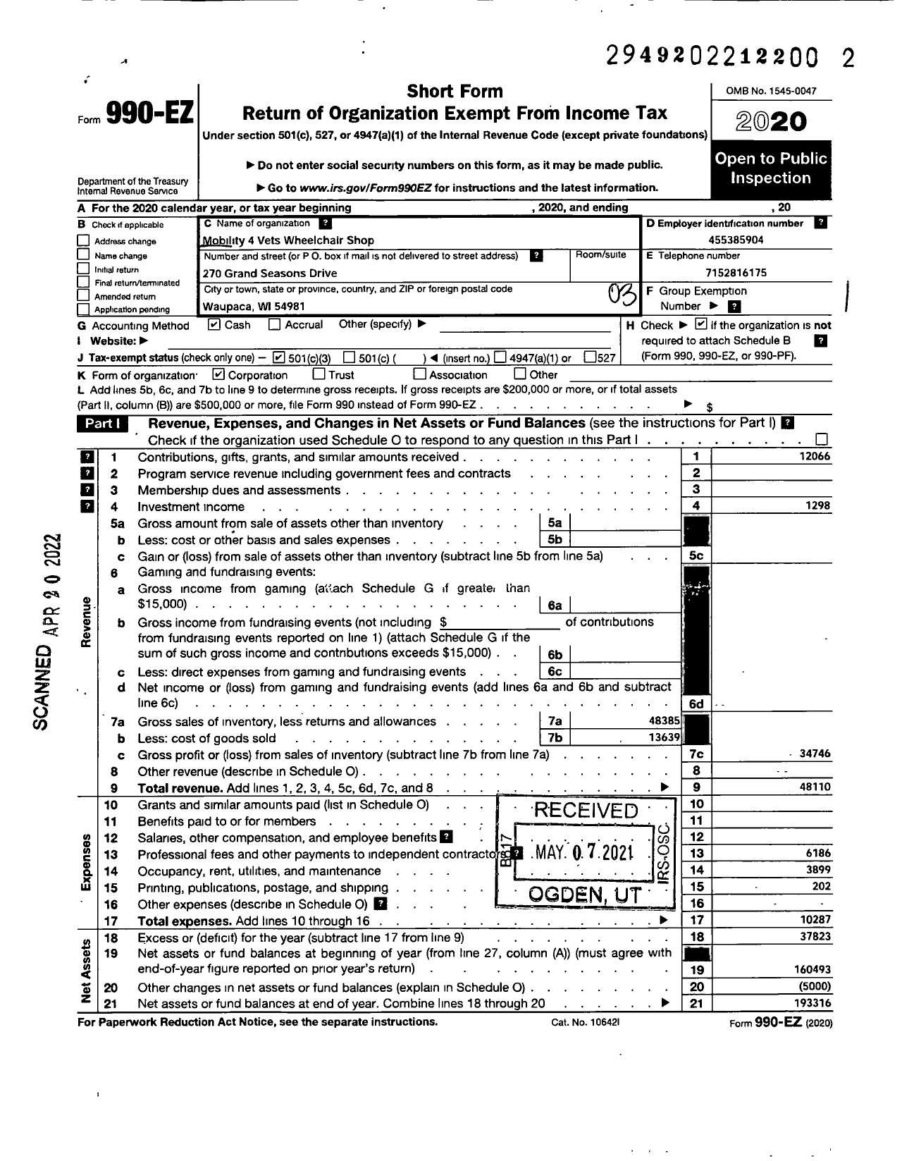 Image of first page of 2020 Form 990EZ for Mobility 4 Veterans